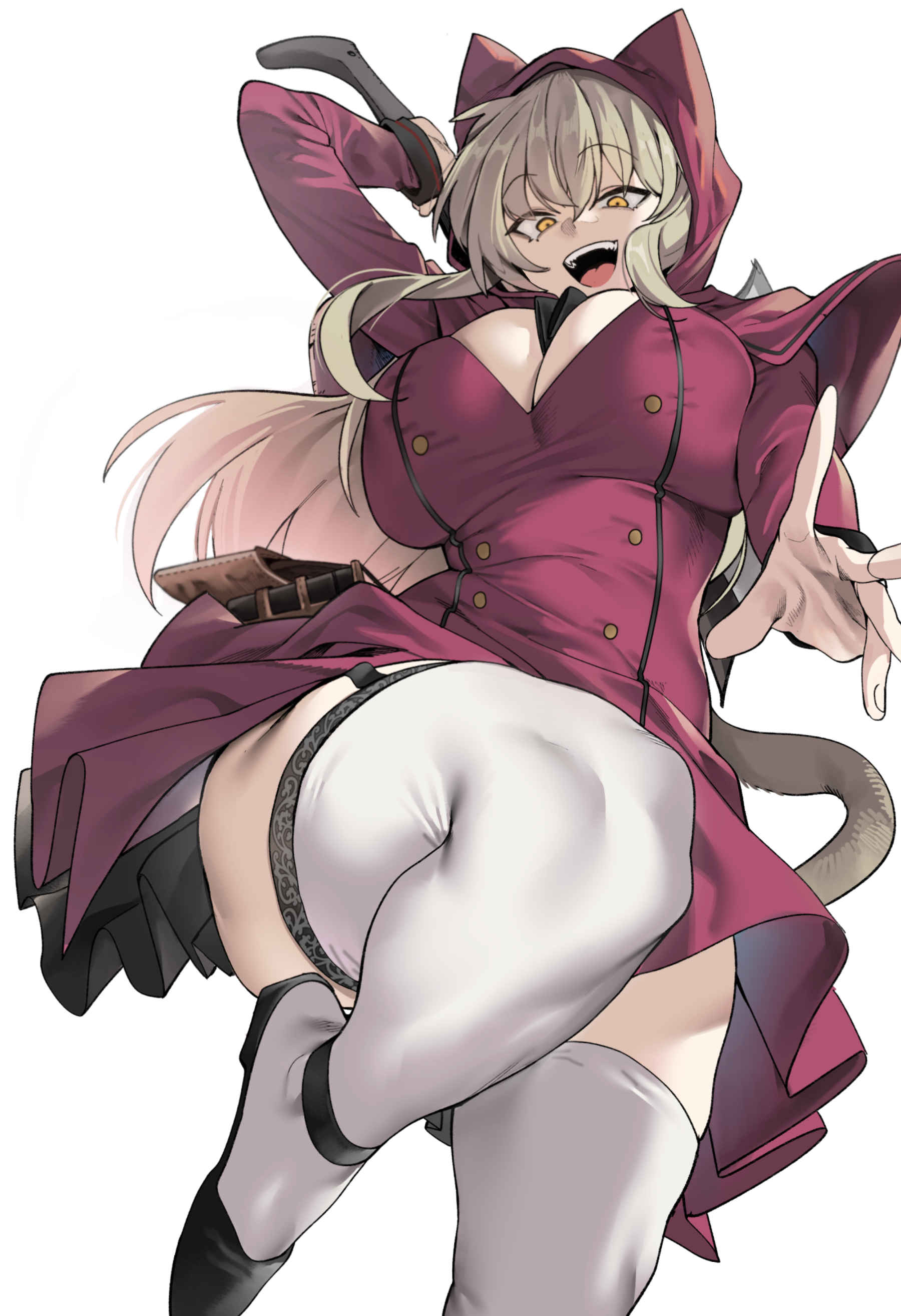 urec, original, absurdres, commentary request, highres, korean commentary, 1girl, :d, breasts, holding, hood, hood up, large breasts, long hair, long sleeves, looking at viewer, looking down, open mouth, simple background, smile, solo, thighhighs, thighs, white background, white thighhighs, yellow eyes
