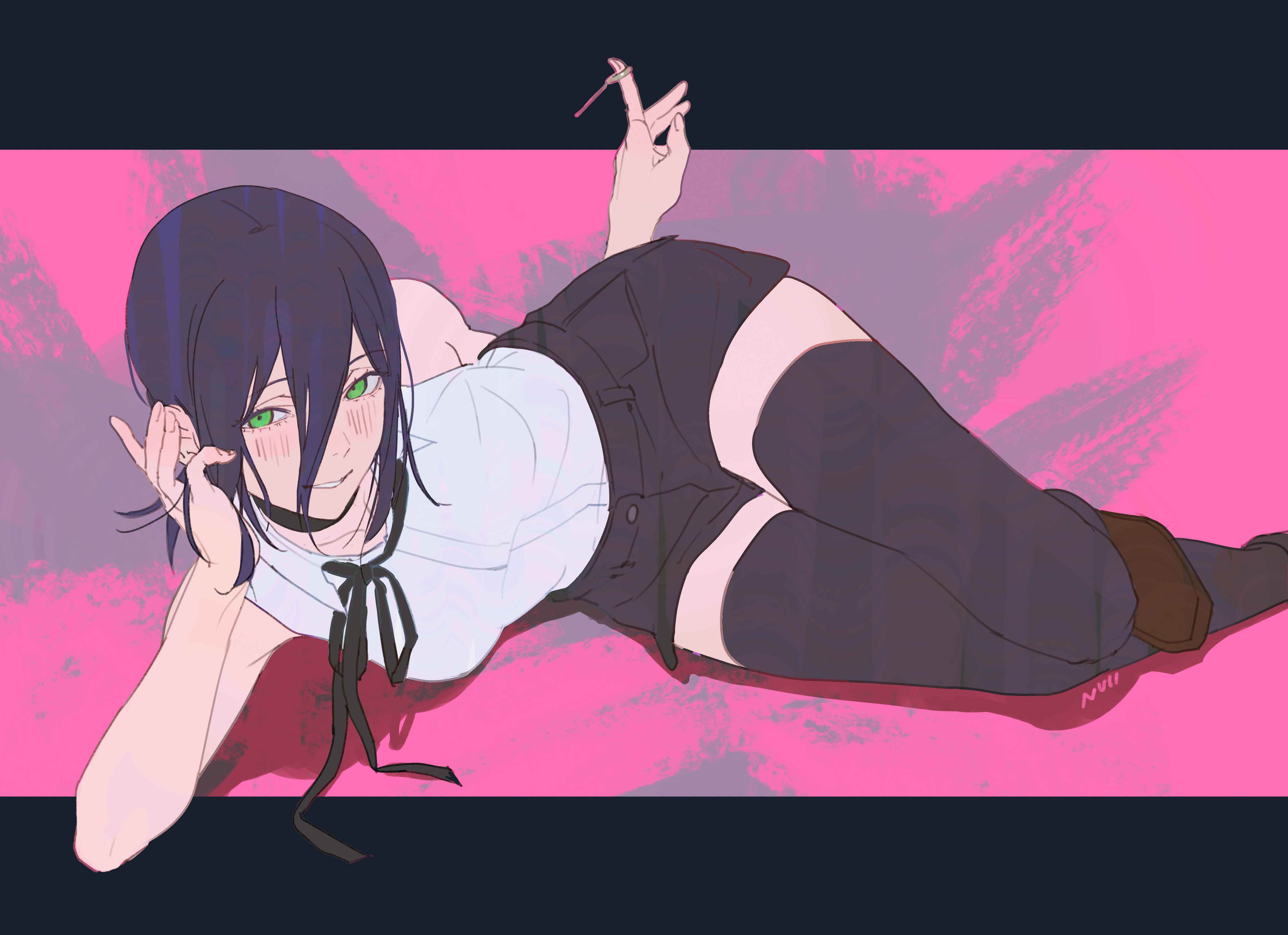 null (skev7724), reze (chainsaw man), chainsaw man, absurdres, commentary, english commentary, highres, 1girl, artist name, black choker, black hair, black ribbon, black shorts, black thighhighs, blush, brown shoes, choker, collared shirt, fingernails, green eyes, grenade pin, hair between eyes, letterboxed, loafers, long hair between eyes, looking at viewer, lying, neck ribbon, on side, ribbon, shirt, shirt tucked in, shoes, shorts, signature, sleeveless, sleeveless shirt, smile, solo, thighhighs, white shirt