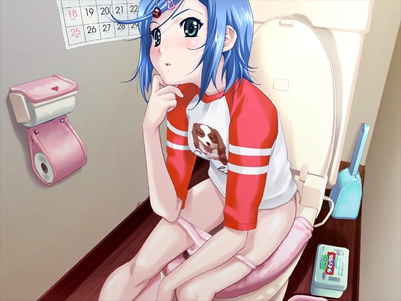 happoubi jin, koromogae maya, resort boin, game cg, 00s, 1girl, blue hair, calendar, clothes writing, elbow rest, female focus, green eyes, hair ornament, hairclip, head rest, looking at viewer, panties, panty pull, pink panties, shirt, solo, t-shirt, toilet, toilet brush, toilet paper, toilet use, underwear