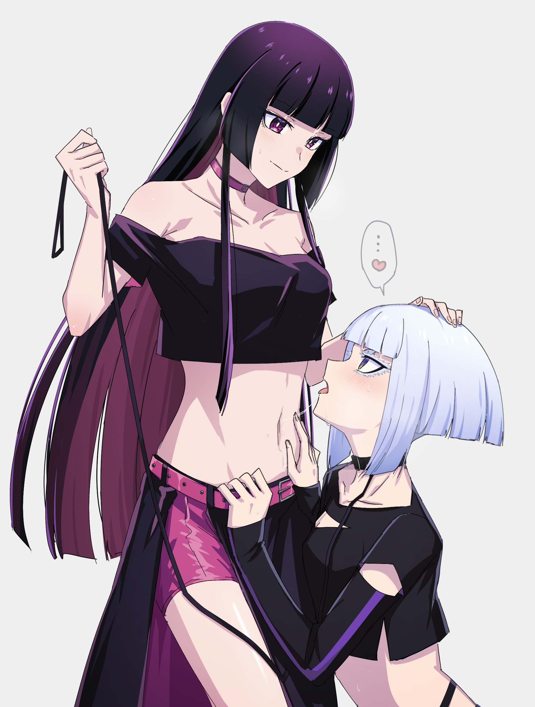 aoki shizumi, kurogane otoha, shiraya tamaki, rock wa lady no tashinami deshite, highres, 2girls, black shirt, blue hair, blush, breasts, choker, closed mouth, collarbone, crop top, hand on another's head, hand on another's shoulder, heart, holding, holding leash, leash, long hair, long sleeves, medium breasts, multiple girls, navel, off shoulder, open mouth, pink shorts, purple background, purple choker, purple eyes, purple hair, saliva, saliva trail, shirt, short hair, short sleeves, shorts, simple background, smile, spoken heart, sweat, thick eyelashes, tongue, tongue out, yuri