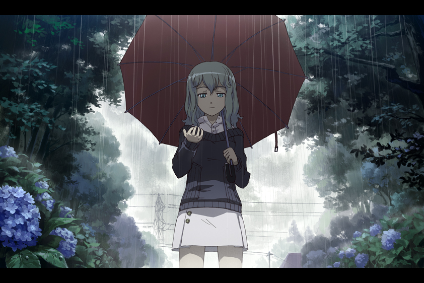 juumonji, jyuumonji, original, 1girl, anime coloring, female focus, flower, hydrangea, letterboxed, rain, skirt, solo, sweater, tree, umbrella