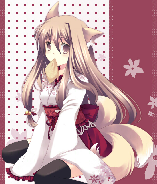 takase kanan, original, 1girl, aburaage, animal ears, brown eyes, brown hair, female focus, food, fox ears, fox tail, hakama, hakama skirt, japanese clothes, kitsune, kneeling, kyuubi, long hair, miko, mouth hold, multiple tails, red hakama, skirt, solo, tail, thighhighs, tofu