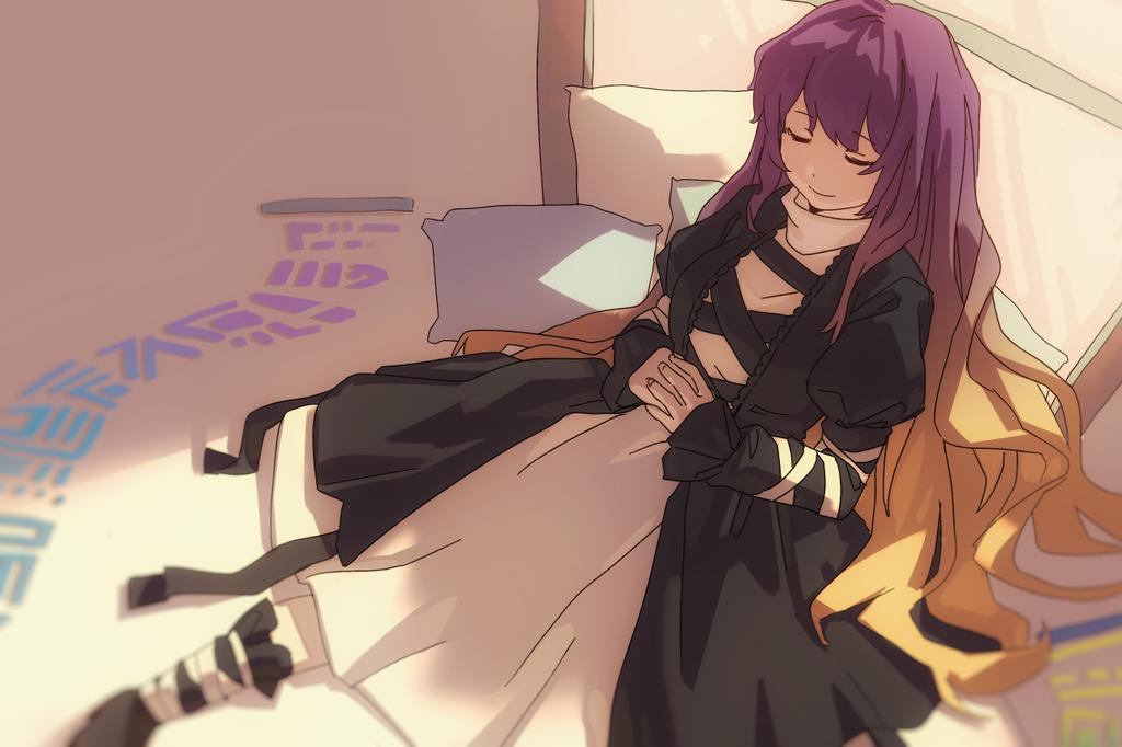 nme 0039, hijiri byakuren, touhou, commentary, symbol-only commentary, 1girl, black boots, black dress, blonde hair, blurry edges, boots, closed eyes, closed mouth, dress, foot out of frame, gradient hair, juliet sleeves, long hair, long sleeves, multicolored hair, own hands together, pillow, puffy sleeves, purple hair, reclining, scroll, sidelocks, sleeping, smile, solo, sunlight, turtleneck, two-tone hair, very long hair, white dress, window