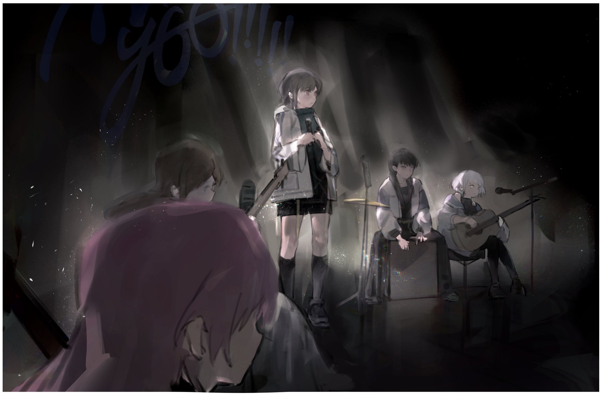 korii1018, chihaya anon, kaname raana, nagasaki soyo, shiina taki, takamatsu tomori, bang dream!, bang dream! it's mygo!!!!!, highres, 5girls, acoustic guitar, black shirt, brown hair, cajon, closed mouth, cymbals, grey hair, guitar, holding, holding microphone, instrument, jacket, light particles, long hair, microphone, multiple girls, music, mygo!!!!! (bang dream!), pink eyes, pink hair, playing guitar, playing instrument, shirt, short hair, white hair, white jacket