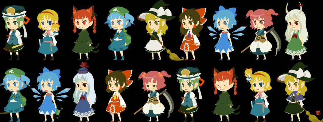 alice margatroid, cirno, ex-keine, hakurei reimu, kaenbyou rin, kamishirasawa keine, kawashiro nitori, kirisame marisa, onozuka komachi, shiki eiki, touhou, silver hair, 6+girls, apron, black hair, blonde hair, blue dress, bow, broom, chibi, dress, female focus, flat cap, full body, green hair, hair bow, hat, holding, mob cap, multiple girls, puffy short sleeves, puffy sleeves, red bow, red hair, red skirt, short hair, short sleeves, skirt, standing, twintails, two side up, waist apron, witch hat