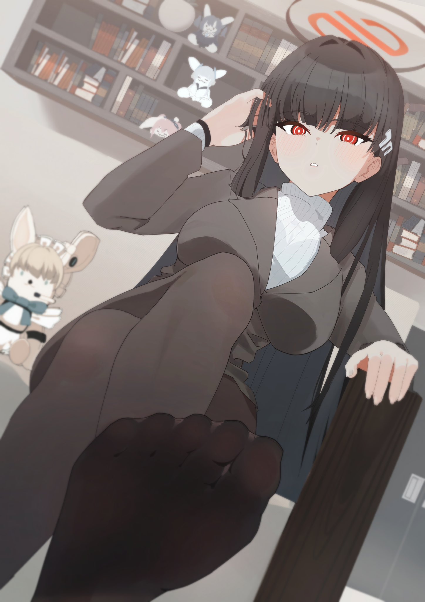 koyuki (blue archive), noa (blue archive), rio (blue archive), toki (blue archive), yuuka (blue archive), blue archive, highres, 1girl, amai2d, black hair, black halo, black thighhighs, blurry, blurry background, book, book stack, bookshelf, breasts, bright pupils, chair, character doll, cosplay, doll, feet, from below, grabbing own hair, hair ornament, halo, hand in own hair, hand on chair, holding, holding own hair, koyuki (blue archive) (cosplay), large breasts, layered sleeves, long hair, looking at viewer, millennium science school logo, multicolored halo, noa (blue archive) (cosplay), red eyes, red halo, ringed eyes, sitting, solo, stuffed toy, sweater, thighhighs, toki (blue archive) (cosplay), turtleneck, turtleneck sweater, two-tone halo, wall shelf, white pupils, white sweater, yuuka (blue archive) (cosplay)