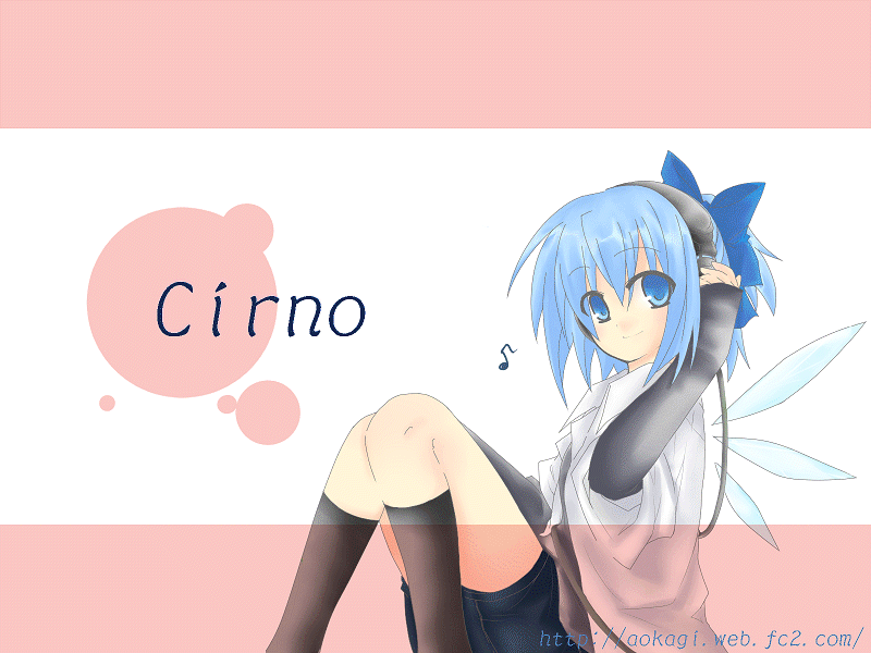 sasa you aoi, cirno, touhou, 1girl, alternate costume, black socks, blue eyes, blue hair, character name, contemporary, female focus, headphones, matching hair/eyes, short hair, socks, solo, white background, wings