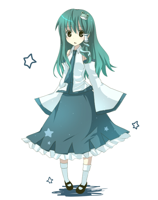 yukishiro mafuyu, kochiya sanae, touhou, 1girl, detached sleeves, female focus, full body, green hair, simple background, solo, standing, white background
