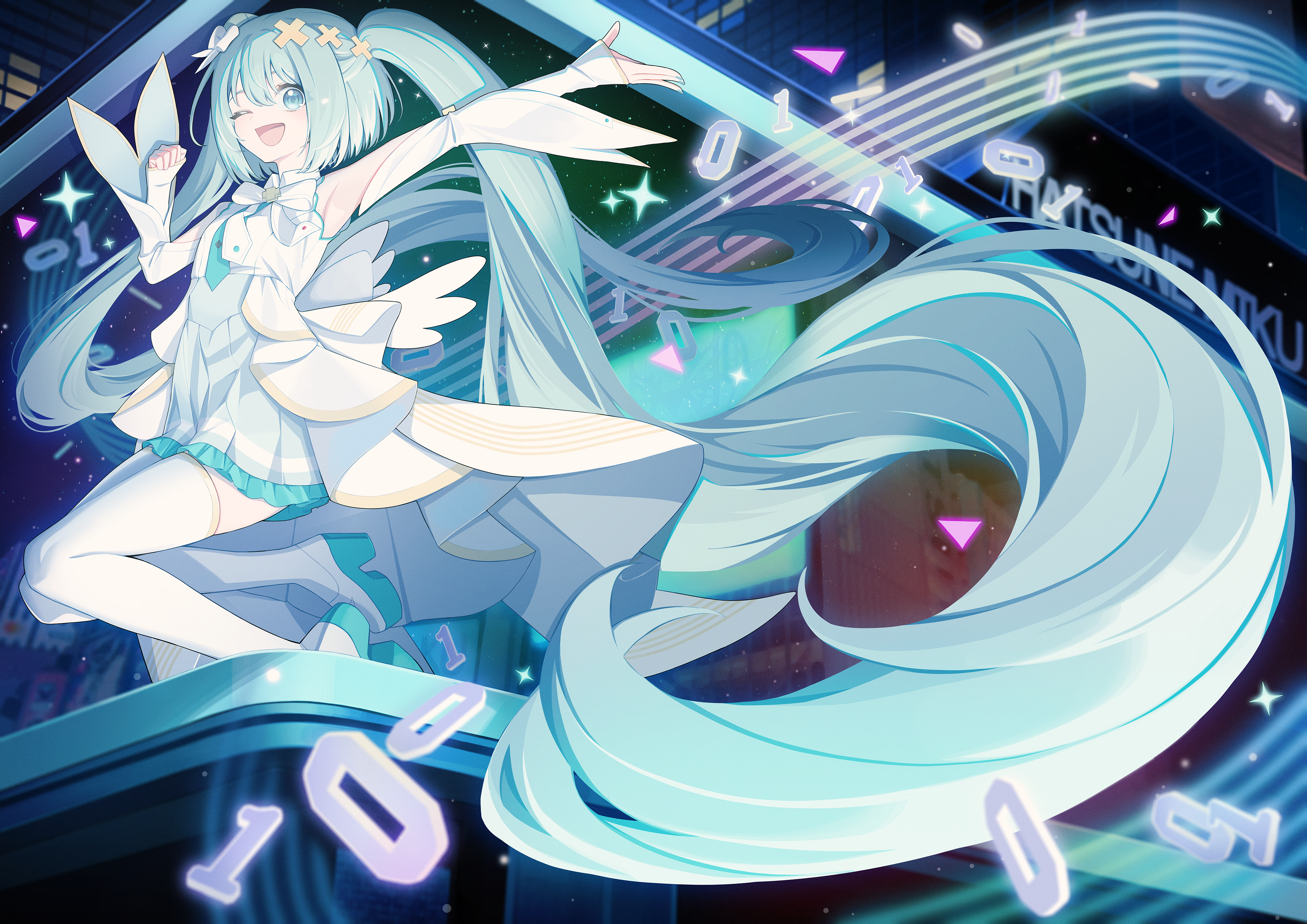 sora (men0105), hatsune miku, hiramado miku, kowareta sekai to utaenai miku, project sekai, vocaloid, absurdres, commentary, highres, spoilers, 1girl, absurdly long hair, aqua hair, aqua skirt, arm up, armpits, bow, character name, detached sleeves, dress, gold trim, hair between eyes, hair bow, hair ornament, hello sekai (vocaloid), long hair, long sleeves, looking at viewer, skirt, sleeveless, sleeveless dress, solo, thighhighs, twintails, very long hair, white dress, white thighhighs, x hair ornament