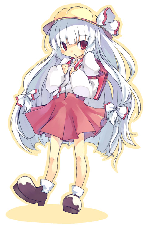 mikage sekizai, fujiwara no mokou, touhou, 1girl, aged down, backpack, bag, child, female focus, hat, randoseru, red eyes, school bag, solo, white hair
