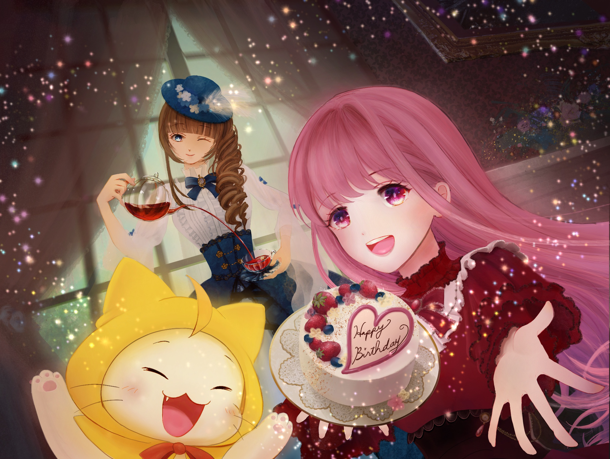 momo (nikki), nikki (formal) (shining nikki), nikki (nikki), nikki (series), shining nikki, commentary request, highres, 2girls, ^ ^, ahoge, animal, azusachai, bib collar, birthday cake, black corset, blue bow, blue corset, blue eyes, blue flower, blue hat, blue sleeves, bow, bowtie, bright pupils, brooch, brown hair, cake, cat, center frills, cloak, closed eyes, closed mouth, clothed animal, collar, corset, cowboy shot, cup, curtains, day, decantering, dot nose, dress, dress under skirt, drill hair, ear covers, eyelashes, fang, flower, food, foreshortening, frilled collar, frilled corset, frilled dress, frilled skirt, frilled sleeves, frills, green sky, hair intakes, hair over shoulder, happy, happy birthday, hat, hat feather, hat flower, holding, holding plate, holding saucer, holding teapot, hood, hood up, hooded cloak, indoors, jewelry, lace, lace-trimmed dress, lace trim, light blush, light particles, living room, lolory (shining nikki), long hair, long skirt, long sleeves, multiple girls, official alternate costume, one eye closed, open mouth, outstretched hand, painting (object), pawpads, picture frame, pink eyes, pink flower, pink hair, pink rose, plant, plate, potted plant, pouring, puffy long sleeves, puffy sleeves, purple flower, purple rose, red bow, red bowtie, red dress, rose, saucer, showgirl skirt, side ponytail, skirt, sky, sleeve bow, smile, tareme, tea, teacup, teapot, teeth, top hat, traditional bowtie, turtleneck, turtleneck dress, upper body, upper teeth only, very long hair, whiskers, white cat, white collar, white dress, white flower, white pupils, wide sleeves, window, yellow cloak