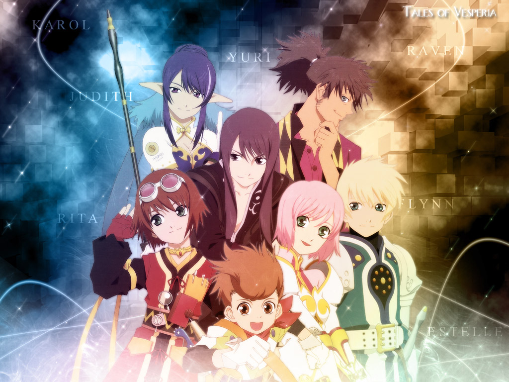 estellise sidos heurassein, flynn scifo, judith (tales), karol capel, raven (tales), repede (tales), rita mordio, yuri lowell, tales of (series), tales of vesperia, official art, official wallpaper, 00s, 3girls, 4boys, armor, black hair, blonde hair, brown hair, character name, everyone, goggles, green eyes, multiple boys, multiple girls, pink hair, pointy ears, polearm, ponytail, purple eyes, purple hair, smile, spear, weapon