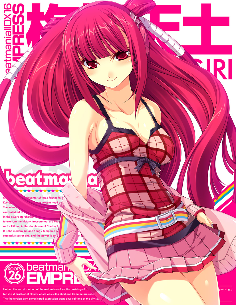 kinoshita ichi, umegiri ameto, beatmania iidx, beatmania iidx 16 empress, bemani, plaid, striped, 1girl, bare shoulders, belt, blush, breasts, camisole, checkered clothes, checkered shirt, cleavage, collarbone, copyright name, female focus, hair tubes, headphones, large breasts, long hair, looking at viewer, multicolored stripes, pink hair, pink skirt, pleated skirt, red eyes, red hair, shirt, sideboob, skirt, smile, solo, standing, star (symbol), star print, two side up, undressing