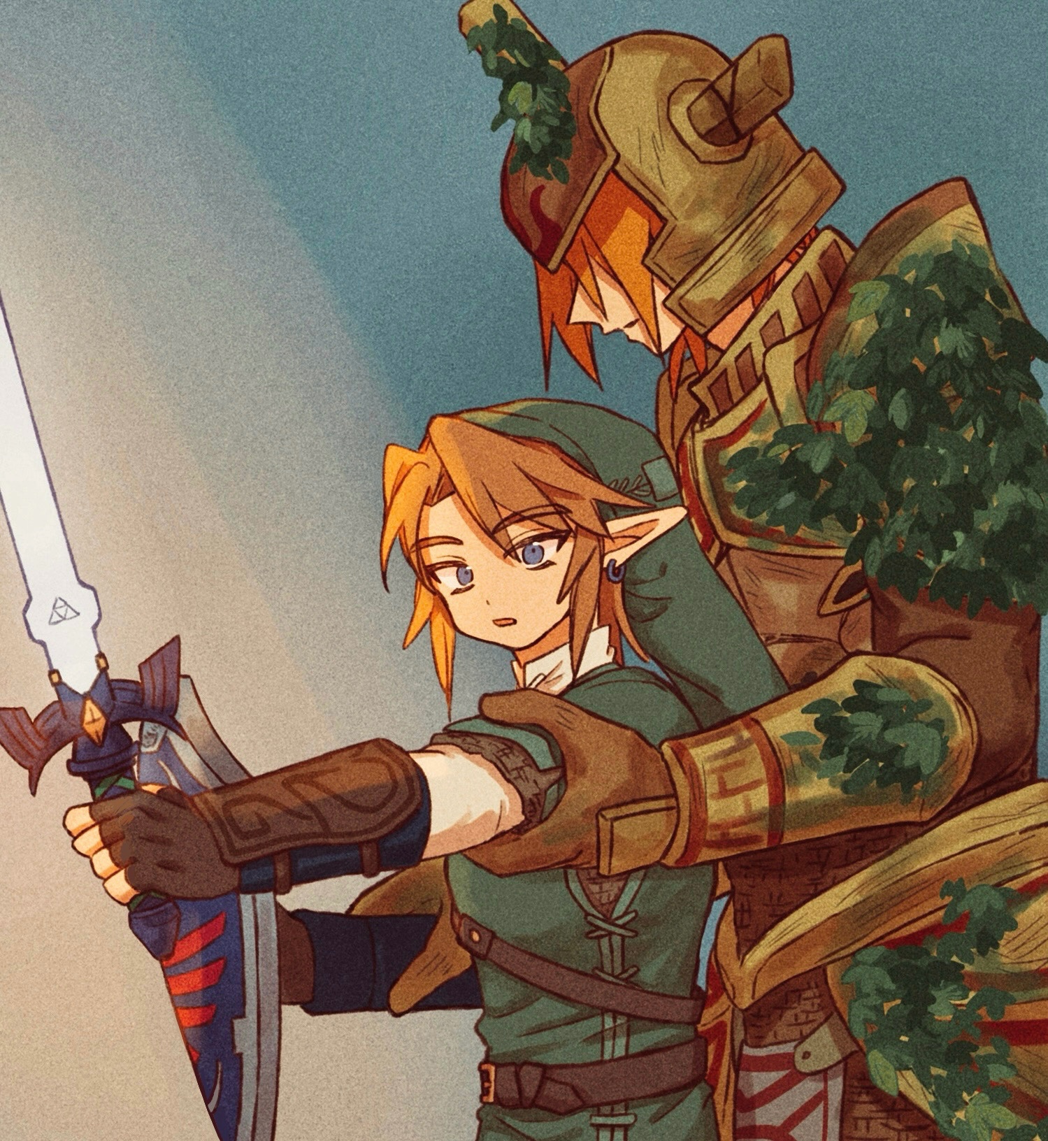 teateeeea, hero's shade, link, nintendo, the legend of zelda, the legend of zelda: twilight princess, highres, 2boys, armor, blonde hair, champion's tunic (zelda), full armor, green tunic, hylian shield, knight, master sword, multiple boys, pointy ears, shield, teacher and student, tunic, undead