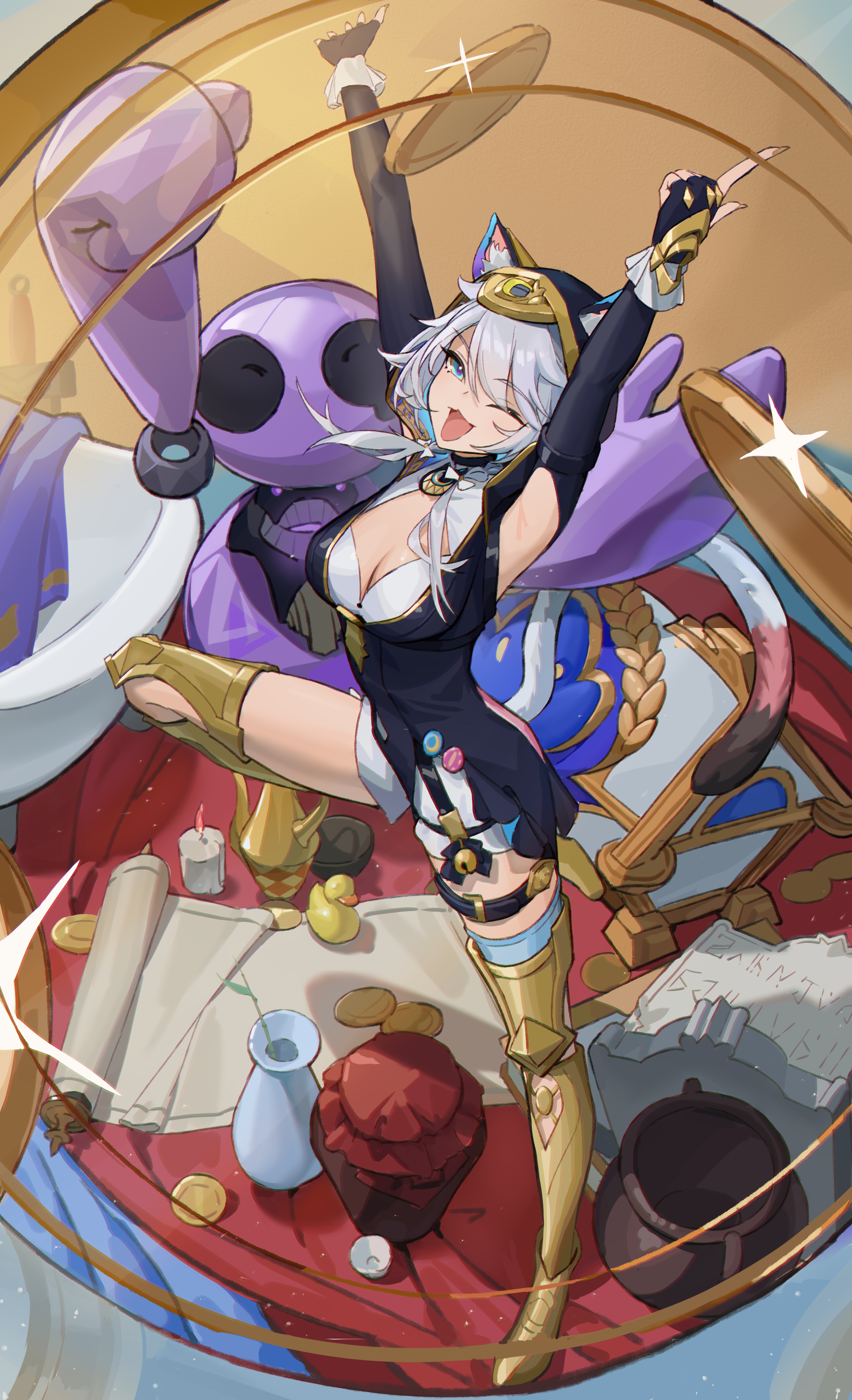 fuwafuwa4560, cipher (honkai: star rail), honkai: star rail, honkai (series), absurdres, highres, 1girl, animal ear fluff, animal ears, arm up, armpits, black gloves, blue eyes, boots, breasts, cat ears, cat girl, cat tail, cleavage, detached sleeves, fingerless gloves, gloves, grey hair, index finger raised, long sleeves, medium breasts, one eye closed, open mouth, shorts, tail, thigh boots, vase, white shorts, yellow nails