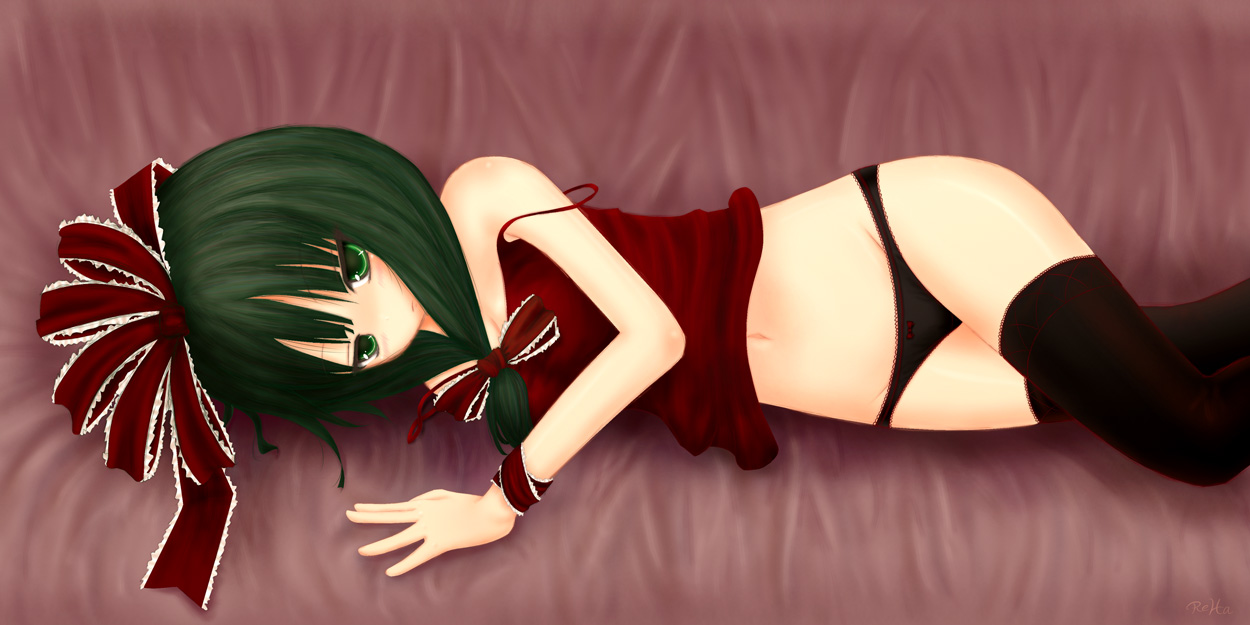 clouding window, kagiyama hina, touhou, lace-trimmed legwear, 1girl, bare shoulders, black panties, bottomless, breasts, camisole, cleavage, female focus, front ponytail, green eyes, green hair, groin, hair ribbon, lace, lace-trimmed panties, lace trim, lying, matching hair/eyes, no pants, on side, panties, ribbon, small breasts, solo, strap slip, thighhighs, underwear, underwear only