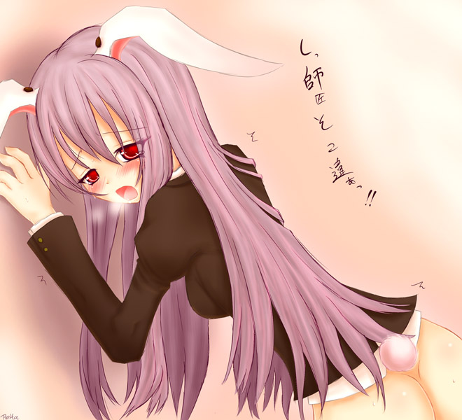 clouding window, reisen udongein inaba, touhou, translation request, 1girl, animal ears, ass, blush, bottomless, breath, female focus, gradient background, long hair, purple hair, rabbit ears, rabbit girl, rabbit tail, red eyes, solo, tail