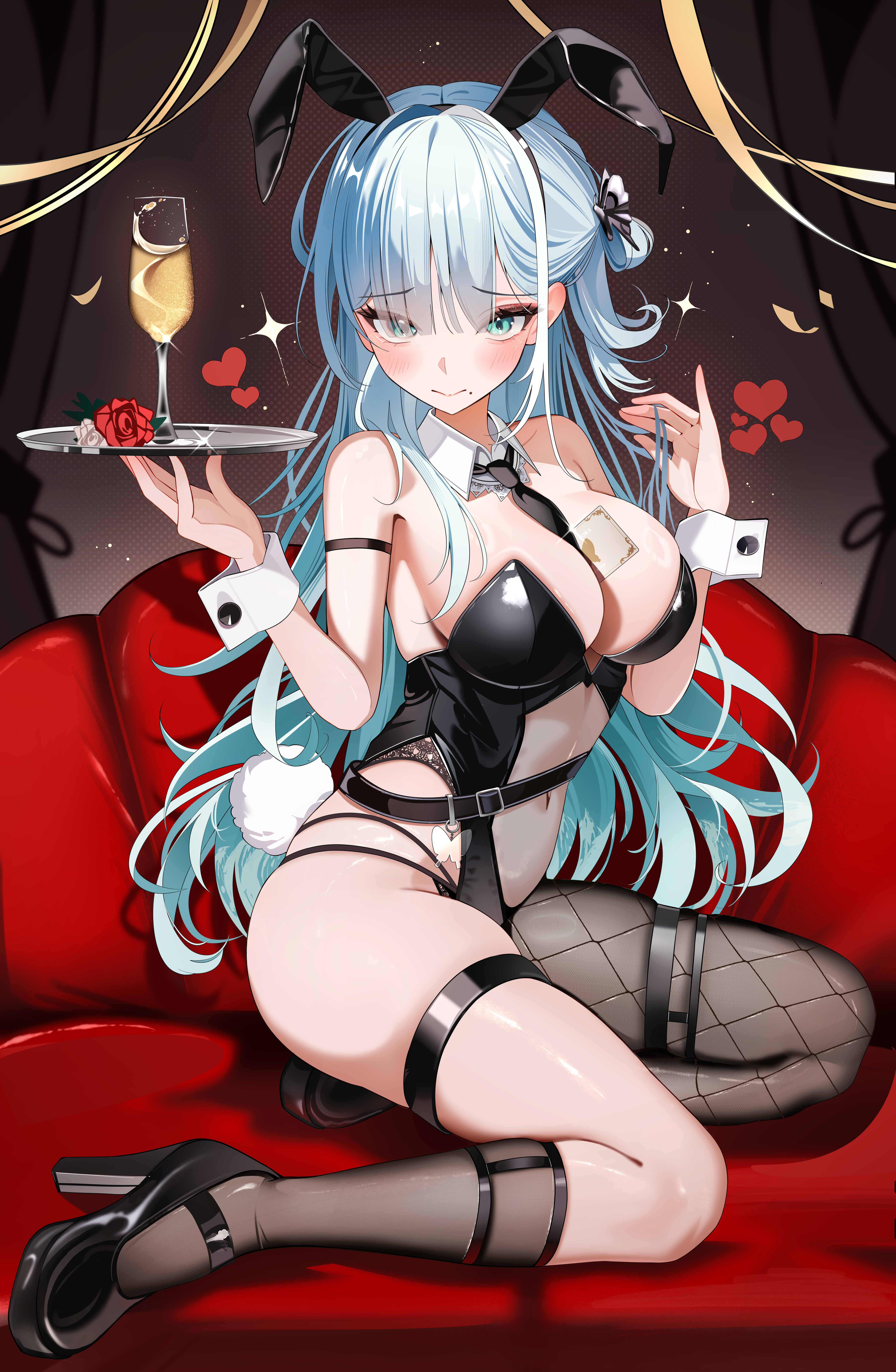 sikimosh, indie virtual youtuber, absurdres, commentary request, commission, highres, skeb commission, 1girl, animal ear hairband, animal ears, aqua eyes, aqua hair, between breasts, black hairband, black hiphighs, black leotard, black necktie, black shoes, black socks, blue eyes, blush, breasts, closed mouth, collar, detached collar, drink, eyes visible through hair, fake animal ears, fishnet hiphighs, fishnets, full body, glass, hair over one eye, hairband, hands up, heart, high heels, hiphighs, holding, holding tray, large breasts, leotard, long bangs, long hair, looking at viewer, misora sora (vtuber), mole, mole under mouth, navel, necktie, necktie between breasts, playboy bunny, rabbit ear hairband, rabbit ears, raised inner eyebrows, see-through clothes, see-through leotard, shiny skin, shoes, single hiphigh, sitting, socks, solo, sparkle, thigh strap, tray, virtual youtuber, white collar, white wrist cuffs, wing collar, wrist cuffs
