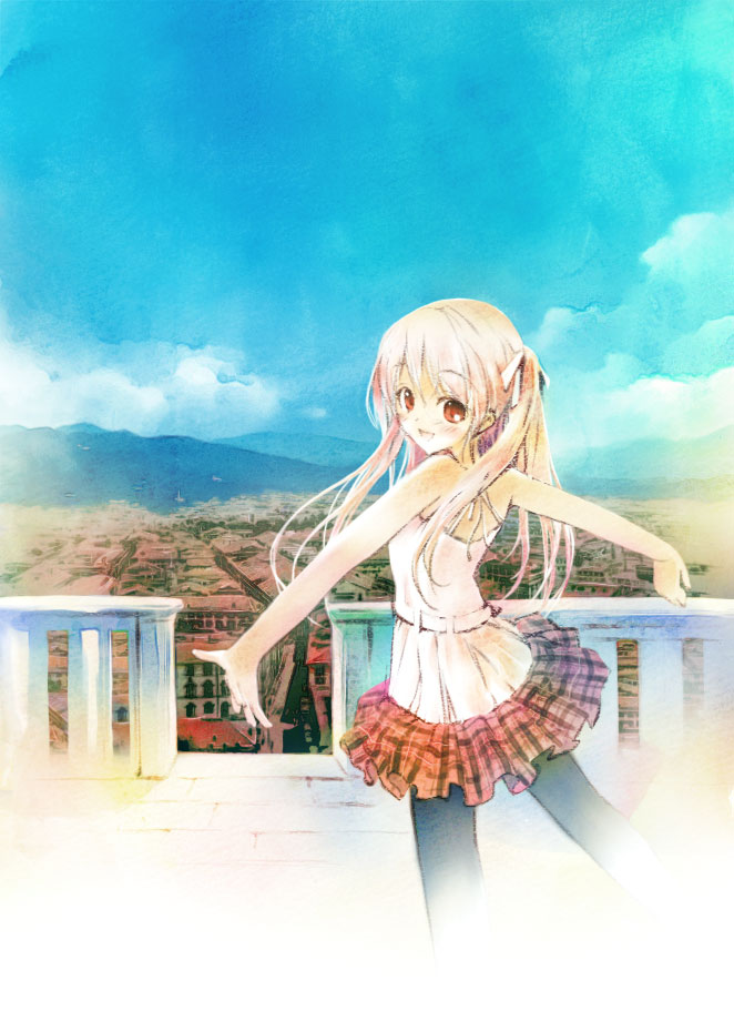 saeki touma, original, blonde hair, cityscape, long hair, pantyhose, red eyes, scenery, twintails