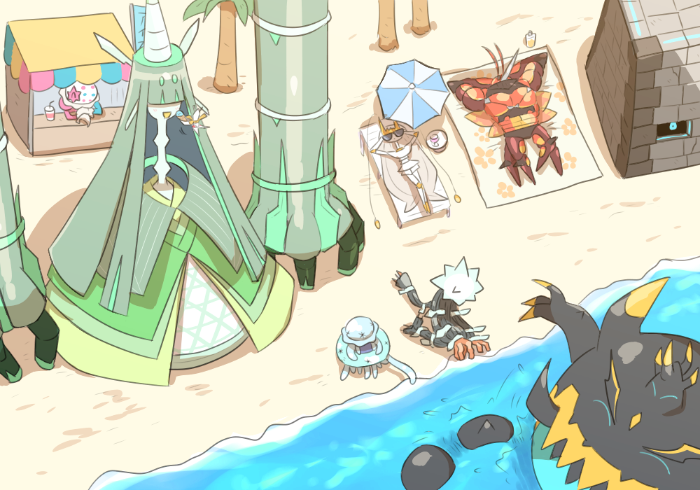 kasugai (de-tteiu), blacephalon, buzzwole, celesteela, guzzlord, kartana, nihilego, pheromosa, stakataka, xurkitree, nintendo, pokemon, commentary request, antennae, arms behind head, beach, beach chair, beach towel, beach umbrella, claws, closed eyes, covered eyes, cup, drinking straw, floating, food, gen 7 pokemon, holding, holding food, long neck, lying, muscular, on back, open mouth, palm tree, pokemon (creature), pokemon focus, proboscis, rayman limbs, sand, smile, sunglasses, swim ring, tentacles, towel, tree, ultra beast, umbrella, water