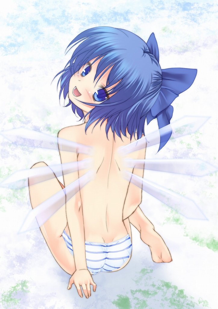 nigo (aozoragarou), cirno, embodiment of scarlet devil, touhou, 1girl, ass, back, barefoot, blue eyes, blue hair, blush, feet, female focus, hair ribbon, ice, loli, looking back, matching hair/eyes, open mouth, panties, ribbon, sitting, smile, soles, solo, striped clothes, striped panties, topless female, underwear, wings