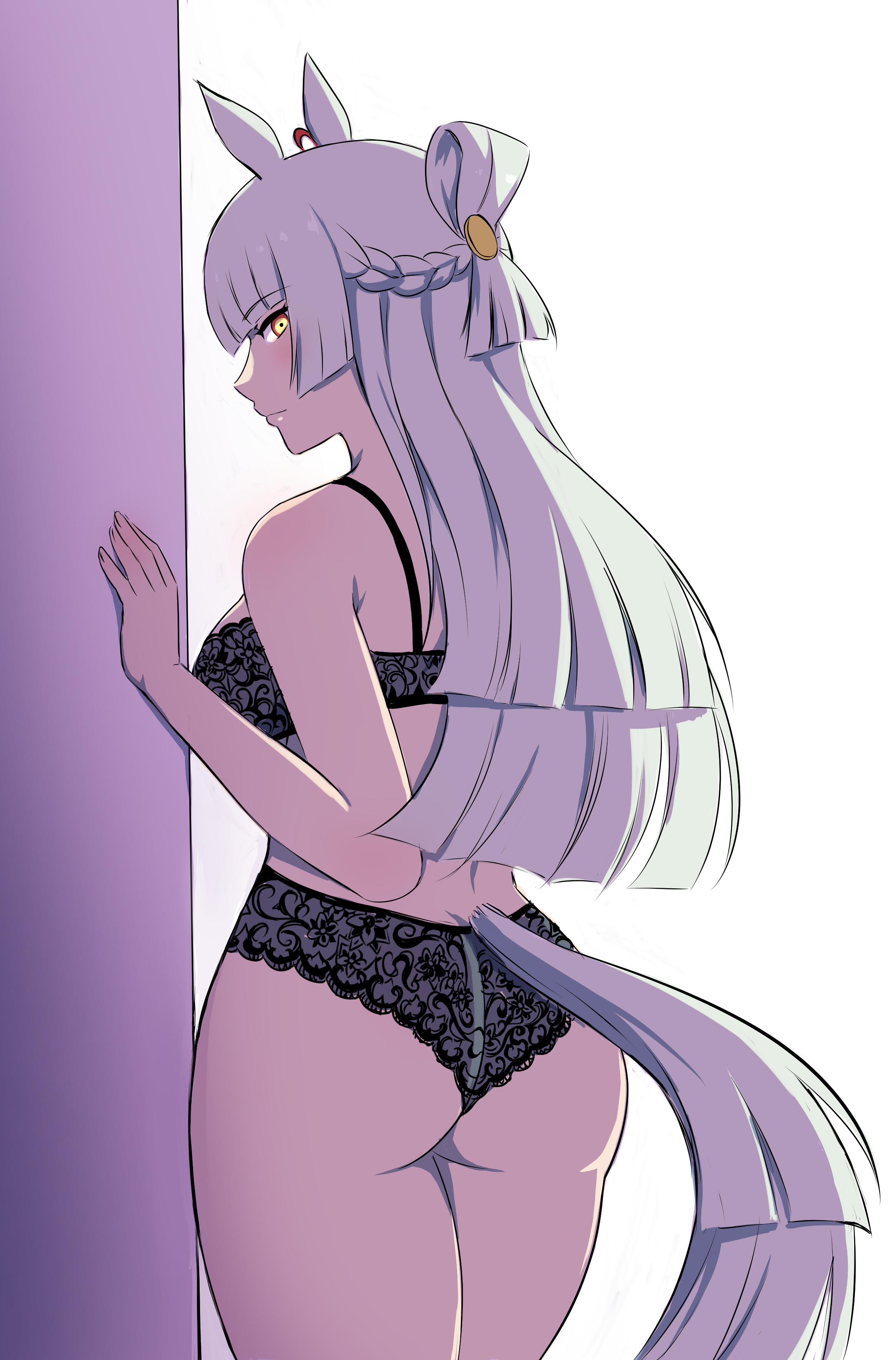 box wonderland, fujimasa march (umamusume), umamusume, absurdres, highres, 1girl, animal ears, ass, black bra, black panties, blunt bangs, blunt ends, blunt sidelocks, blush, bra, braid, closed mouth, from behind, grey hair, half up braid, horse, horse ears, horse girl, long hair, looking at viewer, panties, sidelocks, solo, underwear, underwear only, yellow eyes