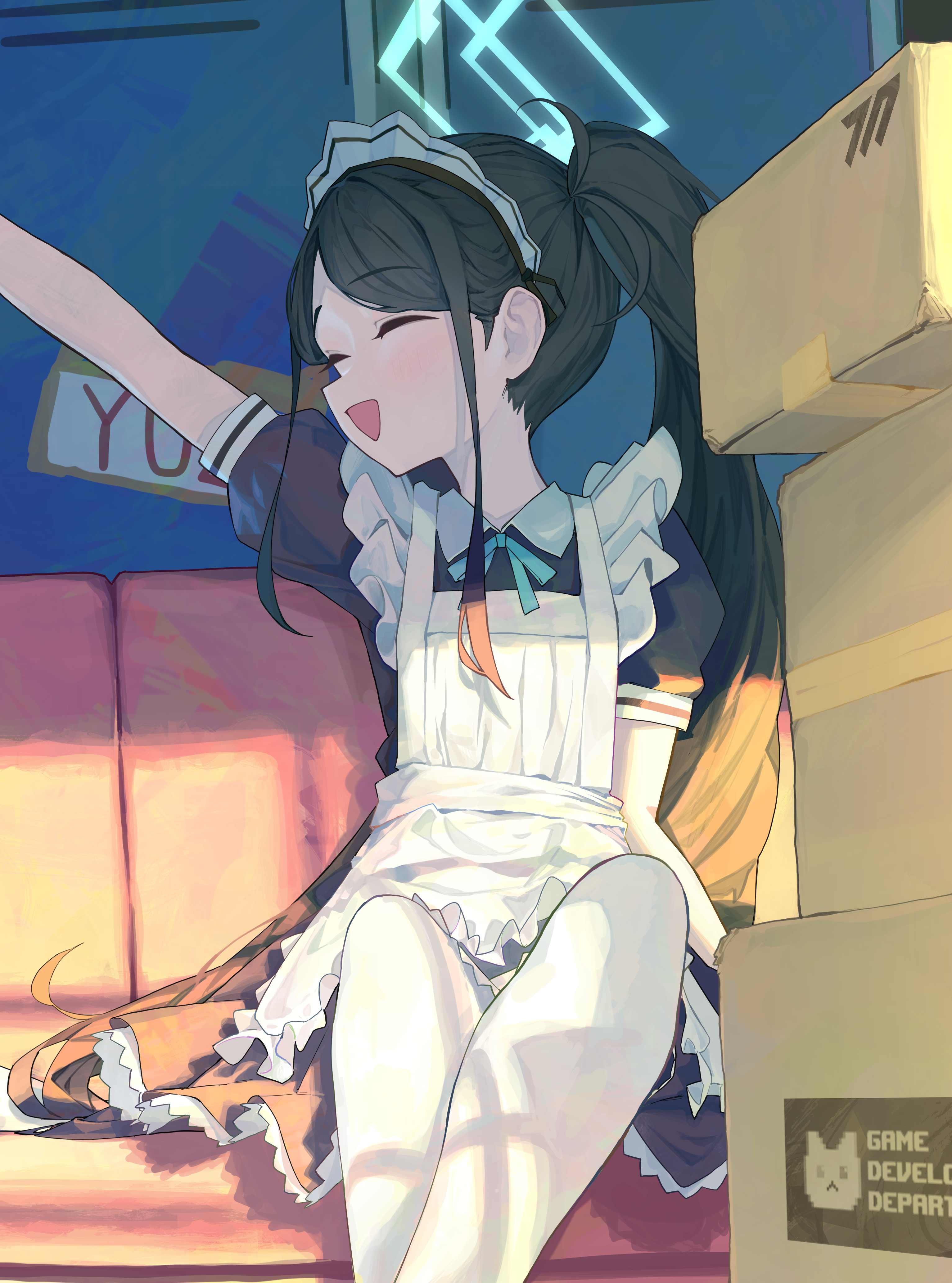 hokori1207, aris (blue archive), aris (maid) (blue archive), blue archive, absurdres, commentary, highres, 1girl, :d, apron, aqua halo, arm up, black dress, blue bow, blue bowtie, blush, bow, bowtie, box, cardboard box, closed eyes, couch, dress, facing to the side, feet out of frame, frilled apron, frills, halo, locker, long hair, maid, maid apron, maid headdress, official alternate costume, official alternate hairstyle, on couch, open mouth, pantyhose, ponytail, profile, puffy short sleeves, puffy sleeves, rectangular halo, short sleeves, sidelocks, sitting, smile, solo, white apron, white pantyhose