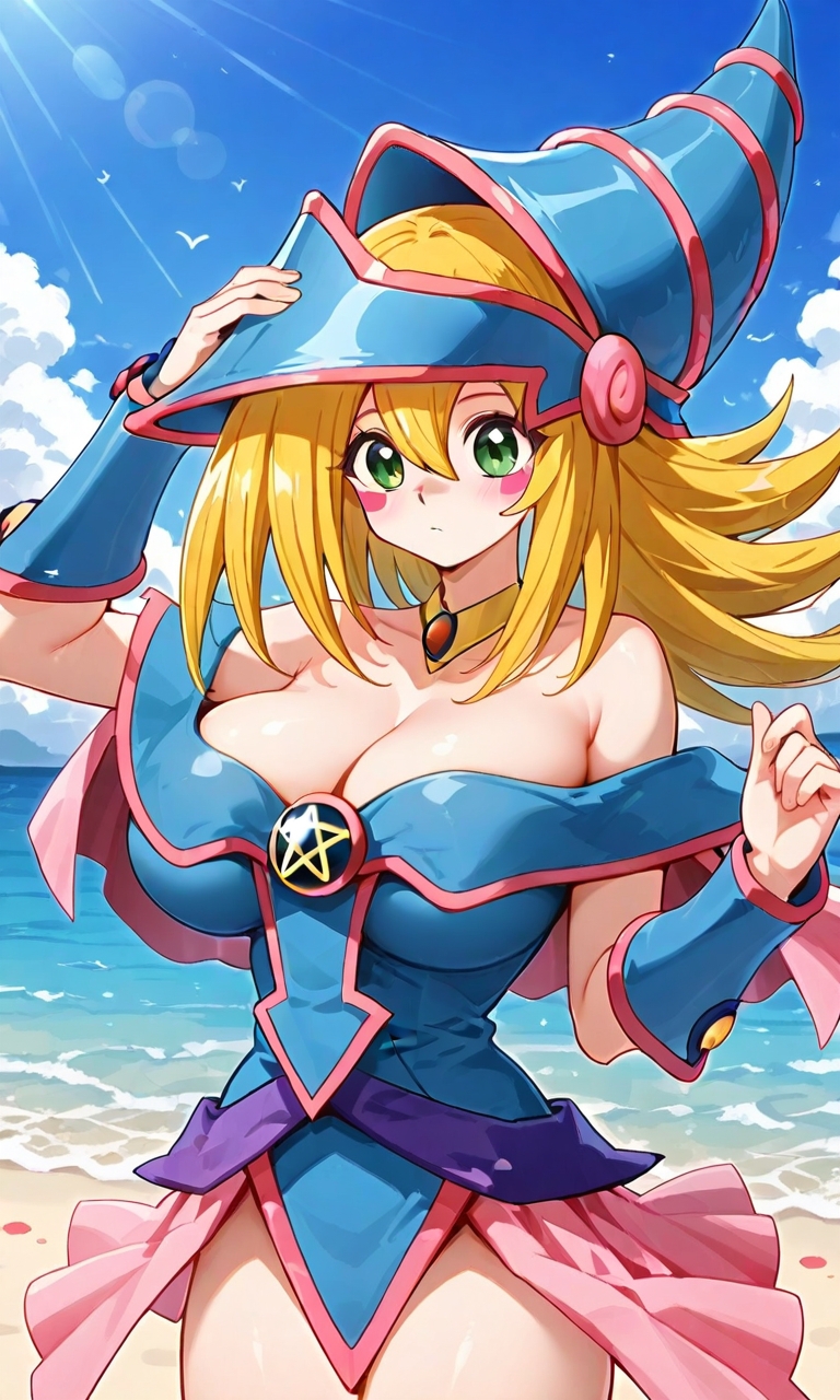 dark magician girl, konami, yu-gi-oh!, yu-gi-oh! duel monsters, female, tagme, 1girl, beach, blonde hair, blue dress, blue hat, blue sky, breasts, cleavage, cloud, cloudy sky, dress, garcia hon, gauntlets, gold brooch, hat, large breasts, light-skin, light-skinned females, messy hair, pink brooch, pink skirt, pink trim, purple trim, red brooch, sand, skirt, sky, spikey hair, thick thighs, thighs, top hat, water