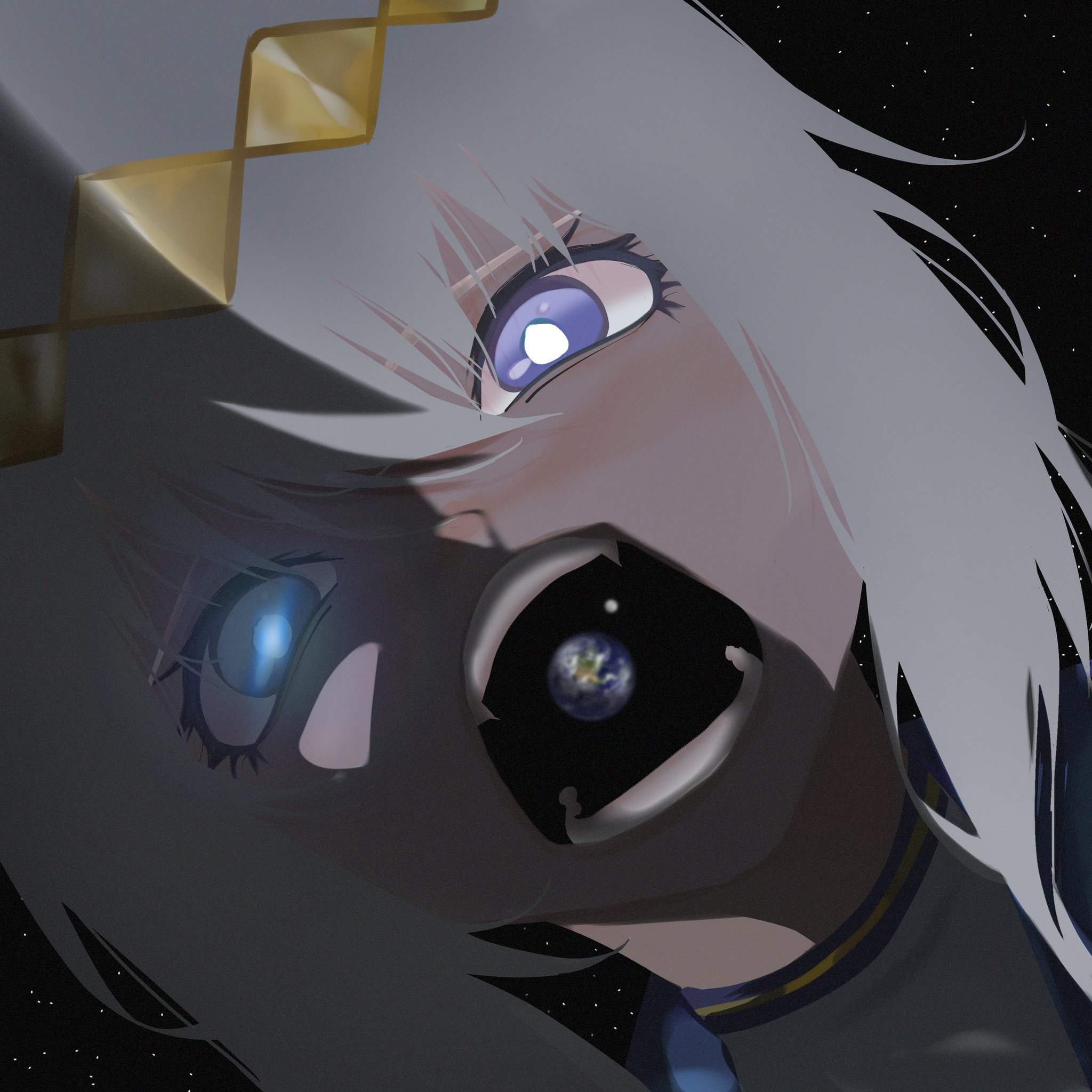 reze itz, galactus, oguri cap (umamusume), marvel, umamusume, highres, diamond hairband, earth (planet), eating, giant, giantess, grey hair, hair between eyes, long hair, moon, open mouth, planet, purple eyes, sidelighting, space, star (sky), teeth
