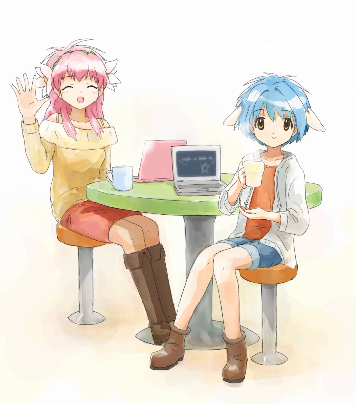 nyama, milfeulle sakuraba, mint blancmanche, galaxy angel, bad id, bad pixiv id, 00s, 2girls, animal ears, blue hair, boots, casual, computer, computer keyboard, cup, laptop, looking at viewer, miniskirt, mug, multiple girls, open mouth, short hair, simple background, sitting, skirt, smile, stool, table, yellow eyes