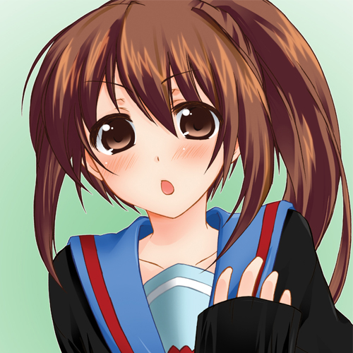 yusya, kyonko, suzumiya haruhi no yuuutsu, gender request, lowres, 00s, 1girl, blush, brown eyes, brown hair, cardigan, female focus, genderswap, ponytail, school uniform, solo