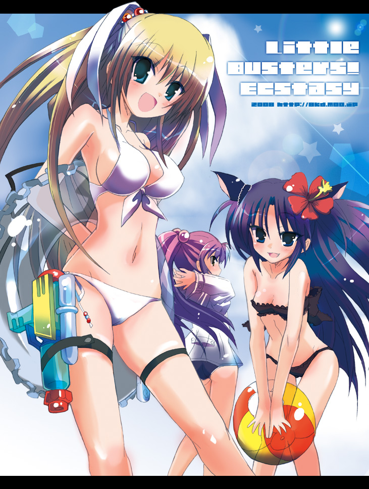 hizuki yayoi, saigusa haruka, sasasegawa sasami, tokido saya, little busters!, 3girls, bikini, day, flower, hibiscus, letterboxed, multiple girls, swimsuit, thigh strap, water gun