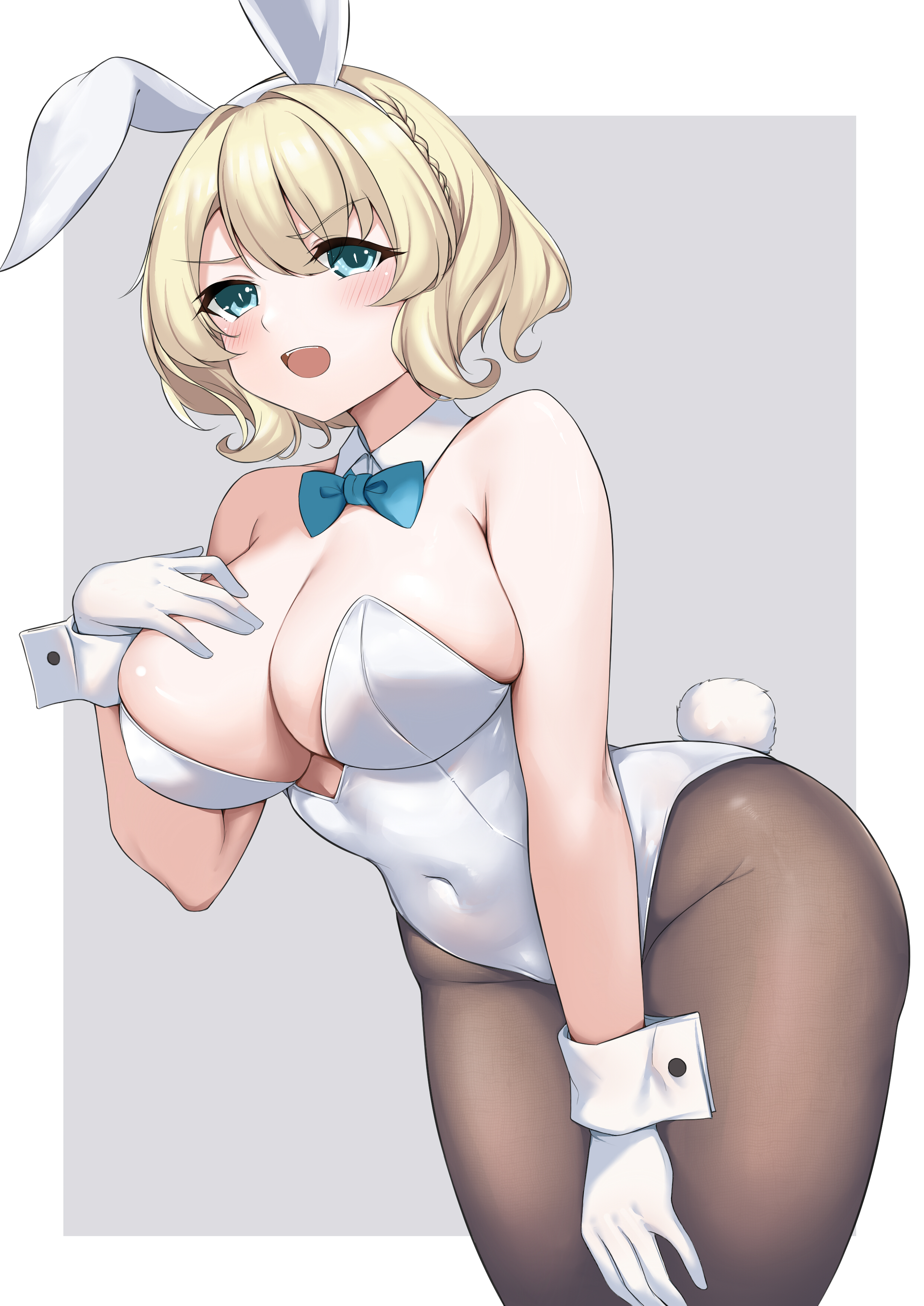 jiangyou dang, colorado (kancolle), kantai collection, absurdres, highres, 1girl, animal ears, bare shoulders, black pantyhose, blonde hair, blue eyes, blush, bow, bowtie, braid, breasts, cleavage, cowboy shot, detached collar, fake animal ears, gloves, grey background, hand on own chest, large breasts, leotard, looking at viewer, open mouth, pantyhose, playboy bunny, rabbit ears, rabbit tail, short hair, solo, strapless, strapless leotard, tail, white background, white gloves, white leotard