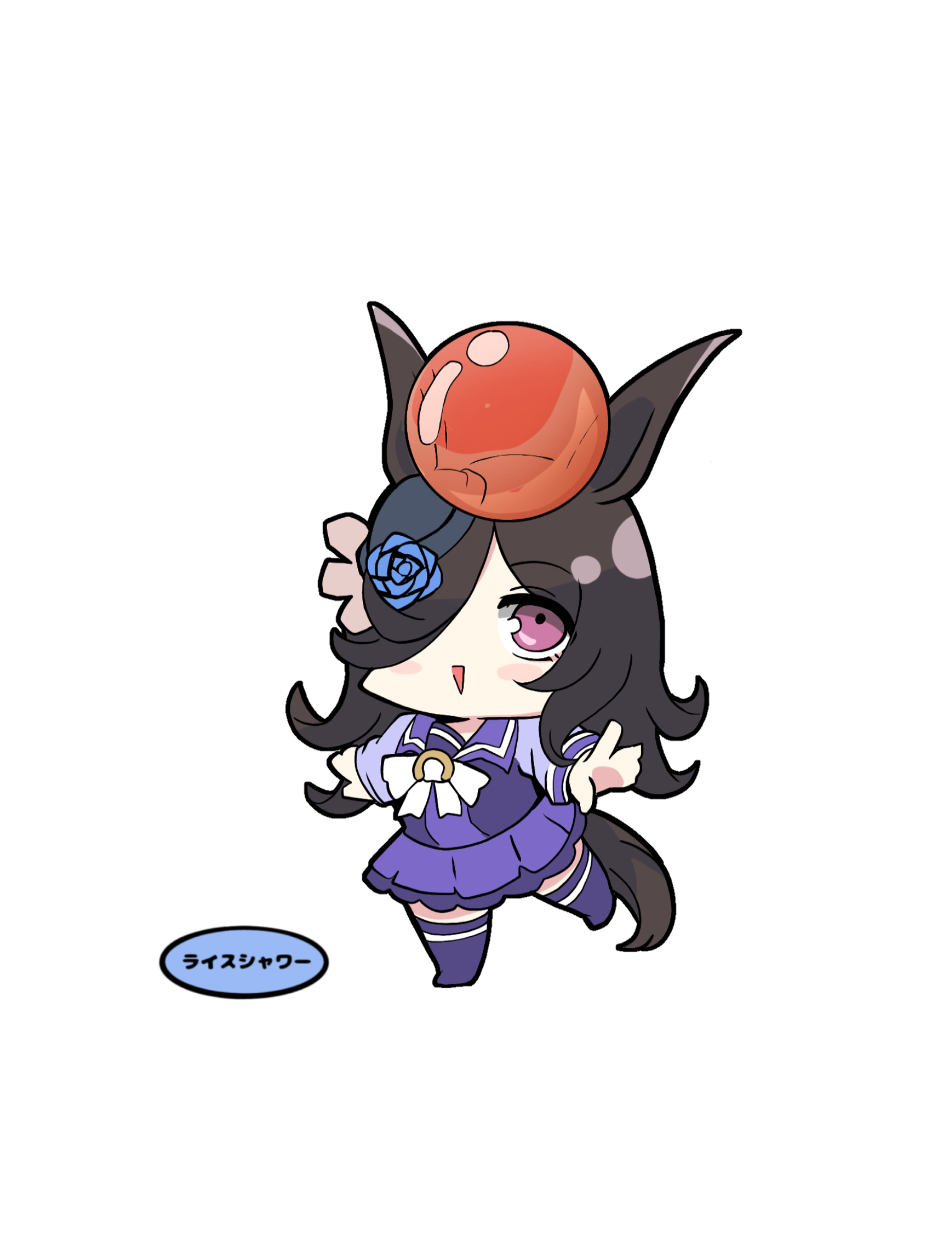 kawamochi (tddm3573), rice shower (umamusume), umamusume, highres, translation request, 1girl, :>, animal ears, black hair, black hat, blue flower, blue rose, blush stickers, bow, character name, chibi, flower, full body, hair over one eye, hat, hat flower, horse ears, horse girl, horse tail, long hair, long sleeves, on head, parted lips, pleated skirt, purple eyes, purple shirt, purple skirt, purple thighhighs, rose, school uniform, shirt, simple background, skirt, solo, standing, standing on one leg, tail, thighhighs, tilted headwear, tracen school uniform, triangle mouth, very long hair, white background, white bow