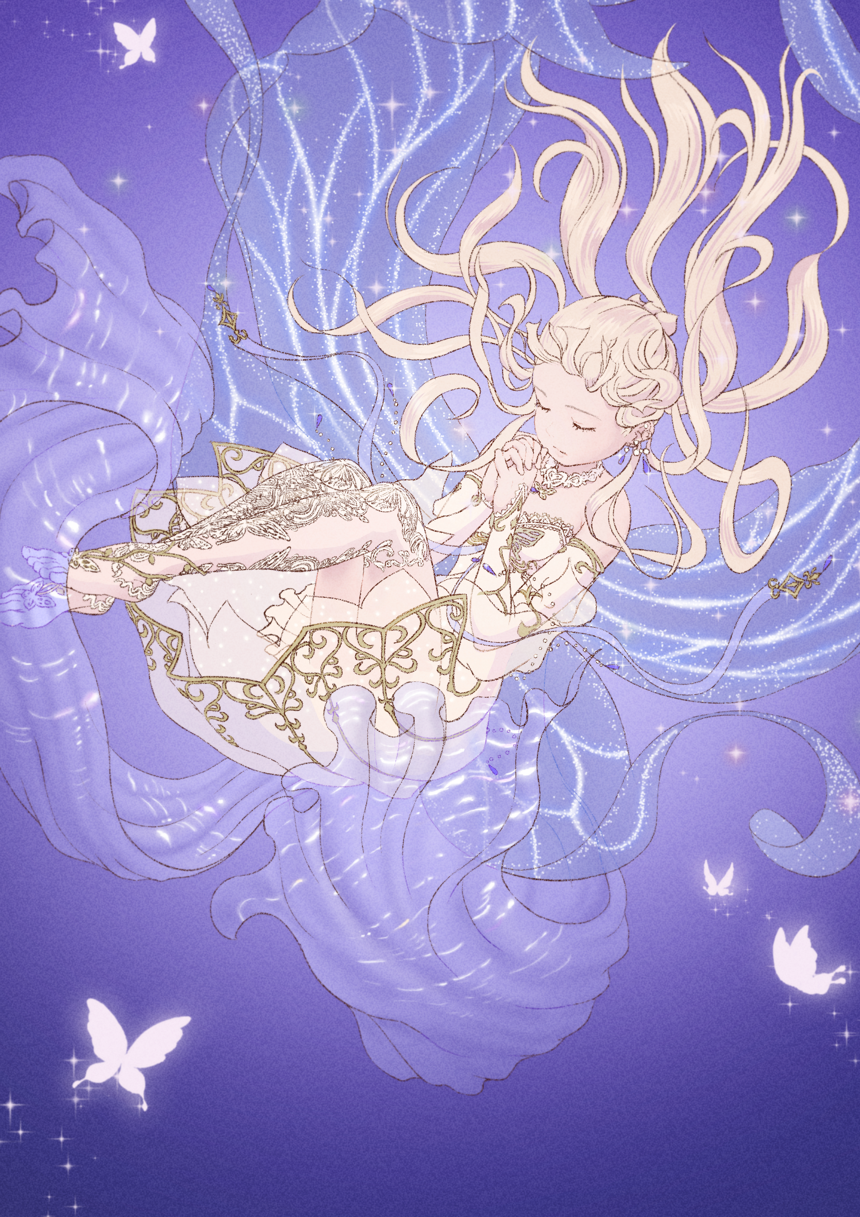 shinichi kobe, elves' elegy (shining nikki), nikki (series), shining nikki, absurdres, commentary request, highres, 1girl, bare shoulders, barefoot sandals (jewelry), blonde hair, blue wings, bug, butterfly, choker, closed eyes, closed mouth, detached sleeves, dress, earrings, expressionless, eyelashes, fairy, fairy wings, falling, flat color, forehead, frilled dress, frills, full body, insect, interlocked fingers, jewelry, lace, lace choker, long hair, long sleeves, own hands clasped, own hands together, praying, puffy long sleeves, puffy sleeves, purple background, see-through clothes, see-through sleeves, solo, sparkle, strapless, strapless dress, twintails, wavy hair, white butterfly, white choker, white dress, white sleeves, wings
