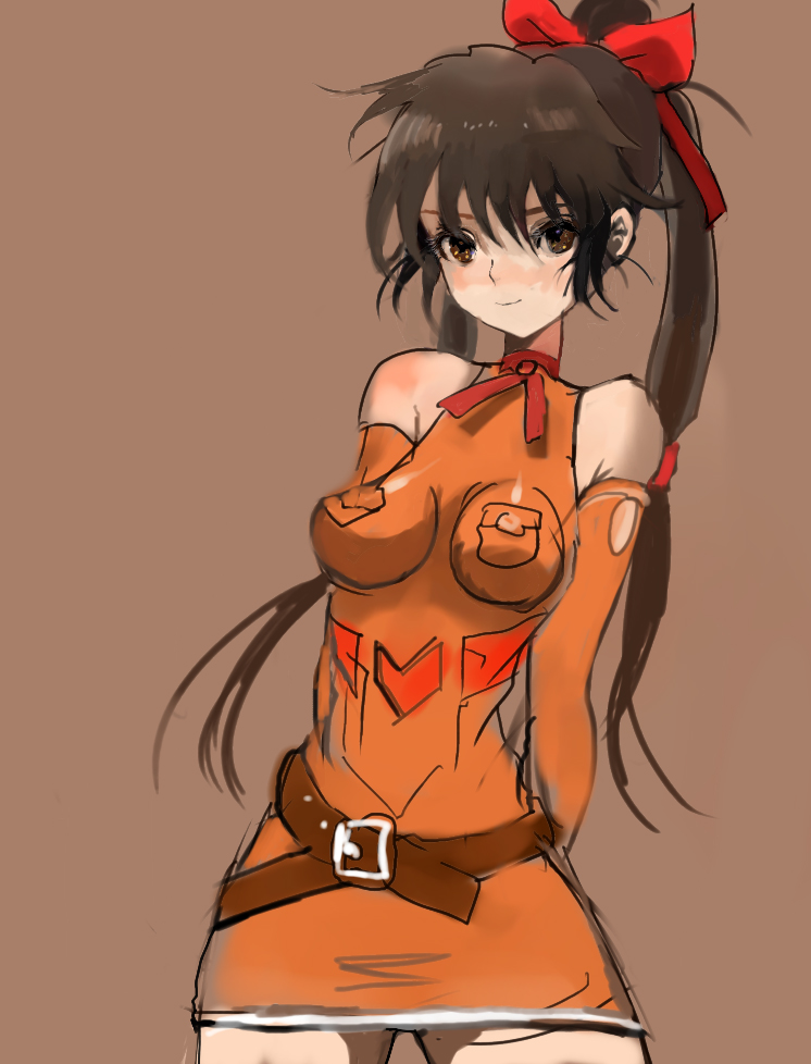 goma, gomoma (bluehighlow), lisa pacifist, final fantasy, final fantasy unlimited, bad id, bad pixiv id, 00s, 1girl, belt, black hair, bow, breasts, brown eyes, detached sleeves, dress, elbow gloves, female focus, gloves, hair bow, ribbon, short dress, simple background, sketch, solo