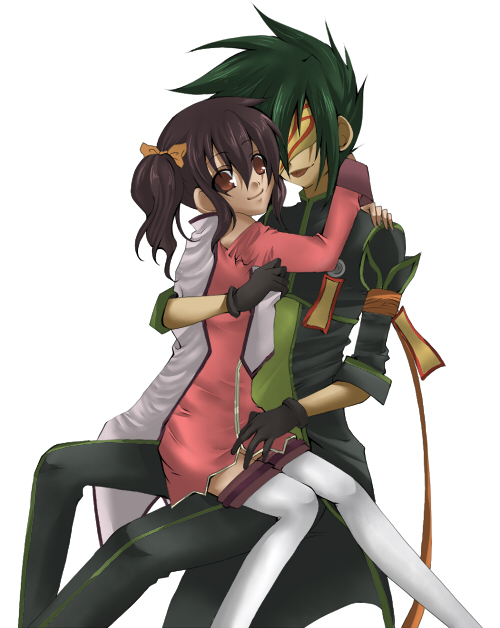 kiseri, anise tatlin, sync (tales), tales of (series), tales of the abyss, bad id, bad pixiv id, 00s, 1boy, 1girl, brown eyes, brown hair, gloves, green hair, mask, sitting, sitting on lap, sitting on person, thighhighs, you gonna get raped