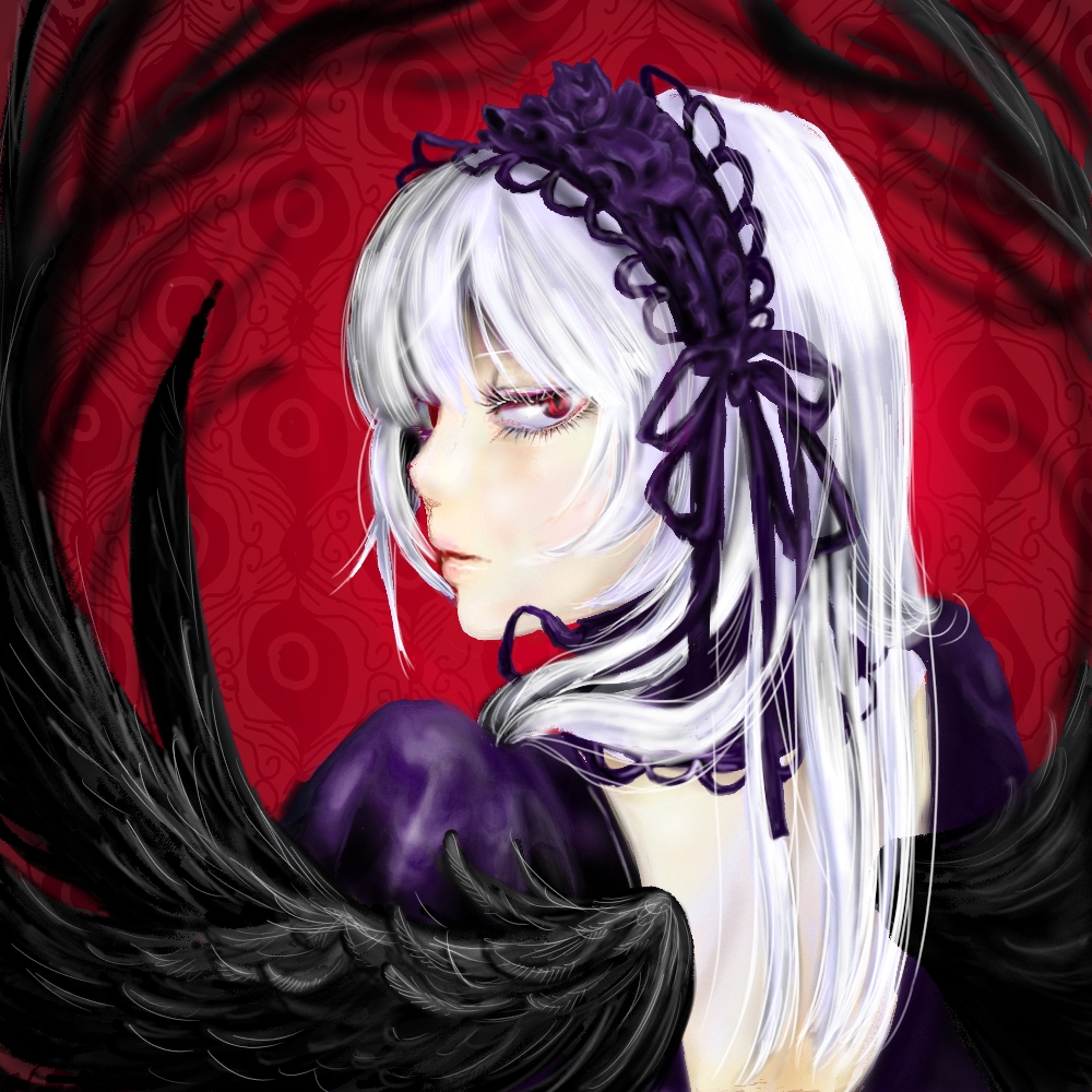 jinnikureiche, suigintou, rozen maiden, 00s, hairband, long hair, looking back, red eyes, solo, white hair, wings