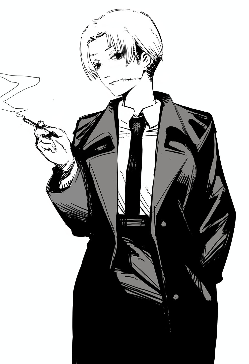 tomatoketchup96, kishibe (chainsaw man), chainsaw man, highres, 1girl, cigarette, coat, collared shirt, ear piercing, facial scar, formal clothes, genderswap, genderswap (mtf), greyscale, holding, holding cigarette, looking at viewer, monochrome, necktie, pant suit, pants, piercing, scar, scar on cheek, scar on face, shirt, shirt tucked in, short hair, solo, suit, trench coat