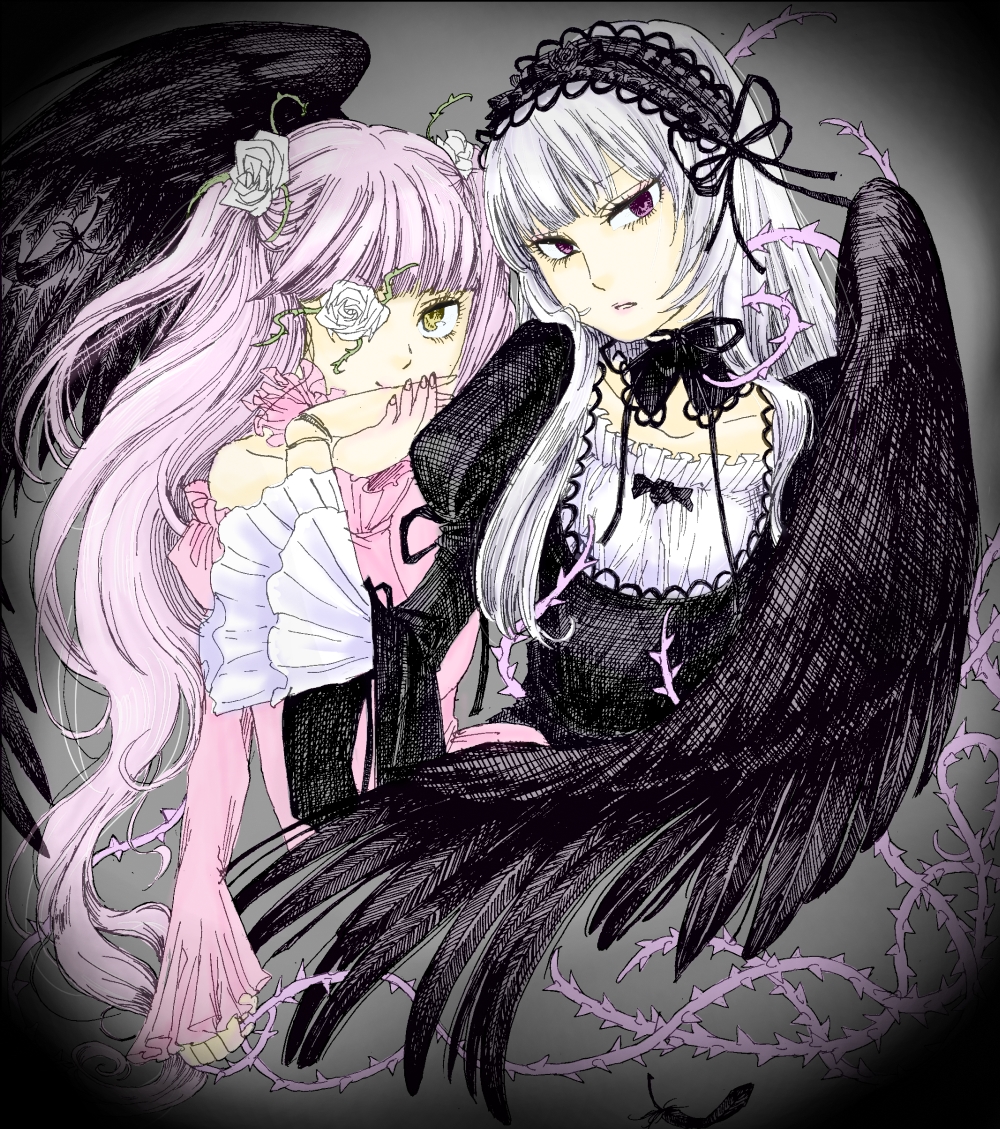 jinnikureiche, kirakishou, suigintou, rozen maiden, bad id, bad pixiv id, 00s, 2girls, black dress, doll joints, dress, eyelashes, eyepatch, female focus, flower, frills, goth fashion, joints, long hair, long sleeves, looking at viewer, multiple girls, pink dress, pink hair, purple eyes, rose, wings, yellow eyes