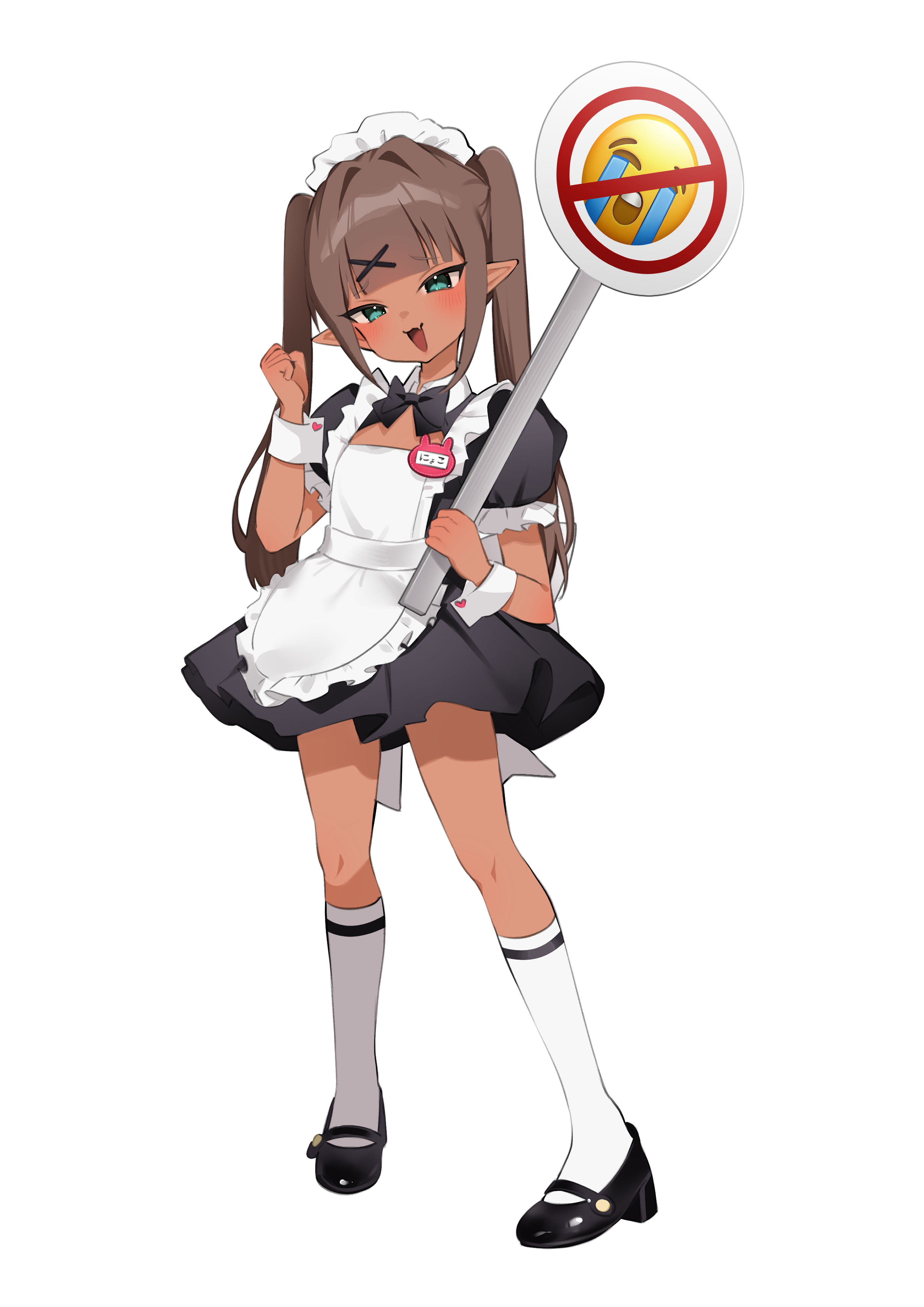 chiimanju, original, absurdres, highres, 1girl, apron, black dress, brown hair, dark skin, dress, flat chest, frilled apron, frilled dress, frills, full body, green eyes, hair ornament, hairpin, holding, holding sign, kneehighs, long hair, maid, maid apron, maid headdress, mary janes, meme, no symbol, nyoko (chiimanju), open mouth, puffy short sleeves, puffy sleeves, ribbon, shoes, short sleeves, sign, simple background, socks, solo, tan, twintails, uohhhhhhhhh! (meme), waist apron, white apron, white background, wrist cuffs