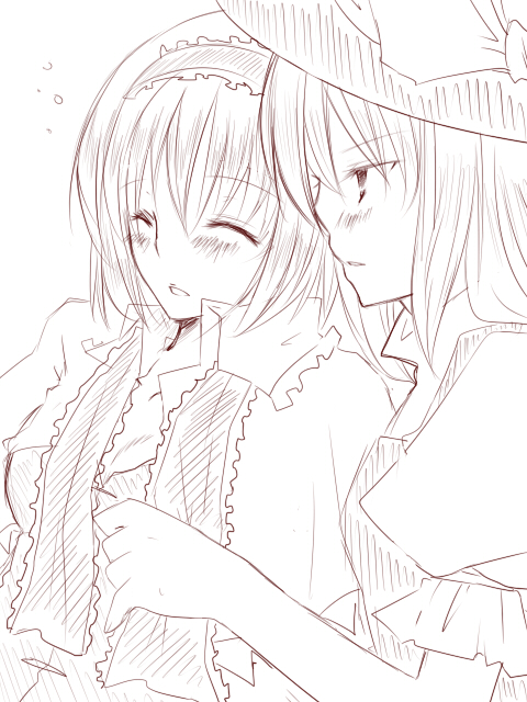 you at pome, alice margatroid, kirisame marisa, touhou, bad id, bad pixiv id, 2girls, blush, brown theme, female focus, hairband, monochrome, multiple girls