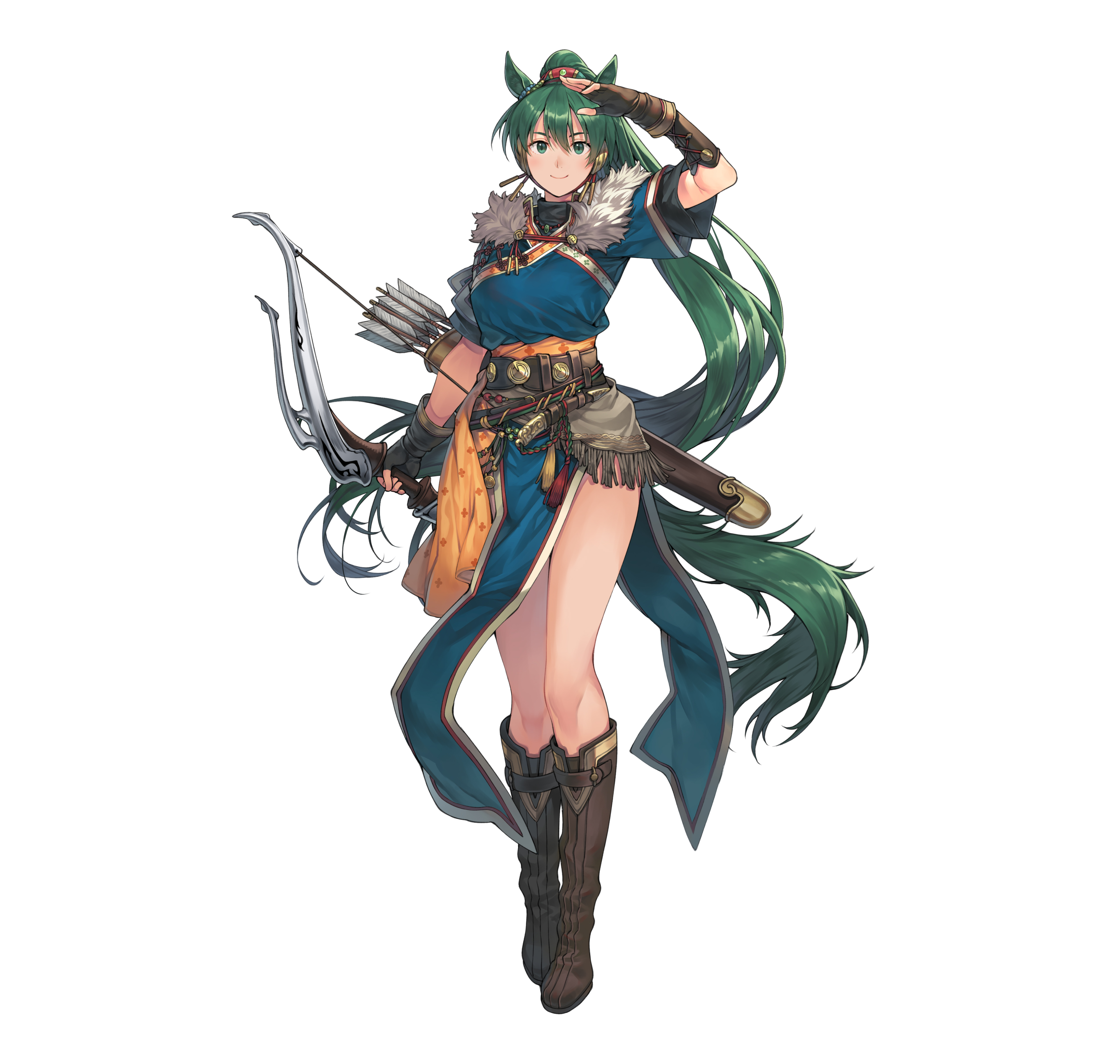 hagure keg, lyn (fire emblem), lyn (plains wind) (fire emblem), fire emblem, fire emblem: the blazing blade, fire emblem heroes, fire emblem shadows, nintendo, absurdres, highres, official art, 1girl, animal ears, arm up, bare legs, blue dress, boots, bow (weapon), brown boots, dress, earmuffs, fingerless gloves, full body, fur trim, gloves, green eyes, green hair, horse ears, horse girl, horse tail, kemonomimi mode, long hair, pelvic curtain, ponytail, quiver, short sleeves, solo, tachi-e, tail, weapon, white background