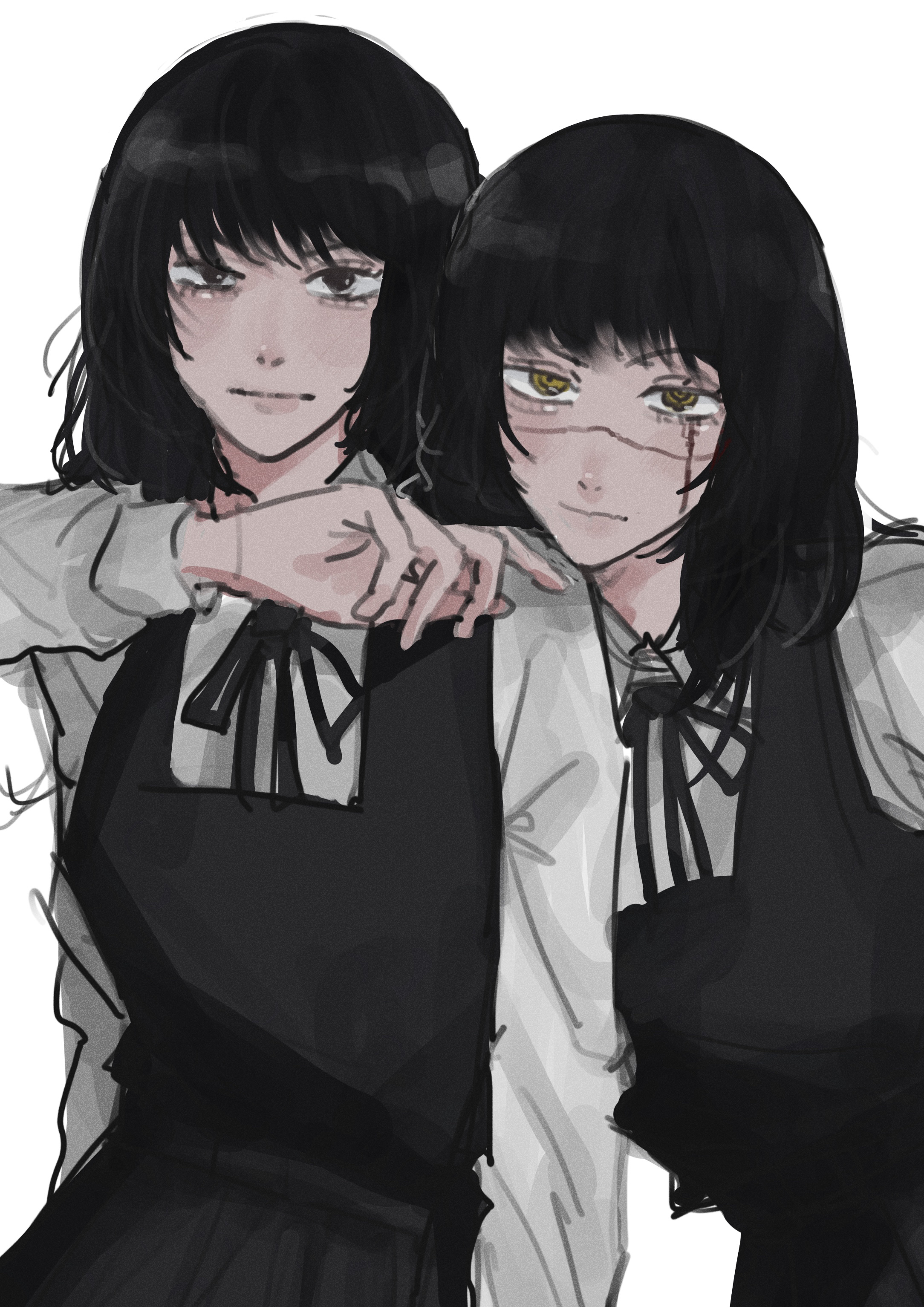 anno desu (tsukemonoumauma), mitaka asa, yoru (chainsaw man), chainsaw man, absurdres, commentary request, highres, 2girls, black dress, black eyes, black hair, black ribbon, cross scar, dress, dress shirt, dual persona, long sleeves, looking at viewer, multiple girls, neck ribbon, pinafore dress, ribbon, ringed eyes, scar, scar on face, school uniform, shirt, simple background, sleeveless, sleeveless dress, white background, white shirt, yellow eyes