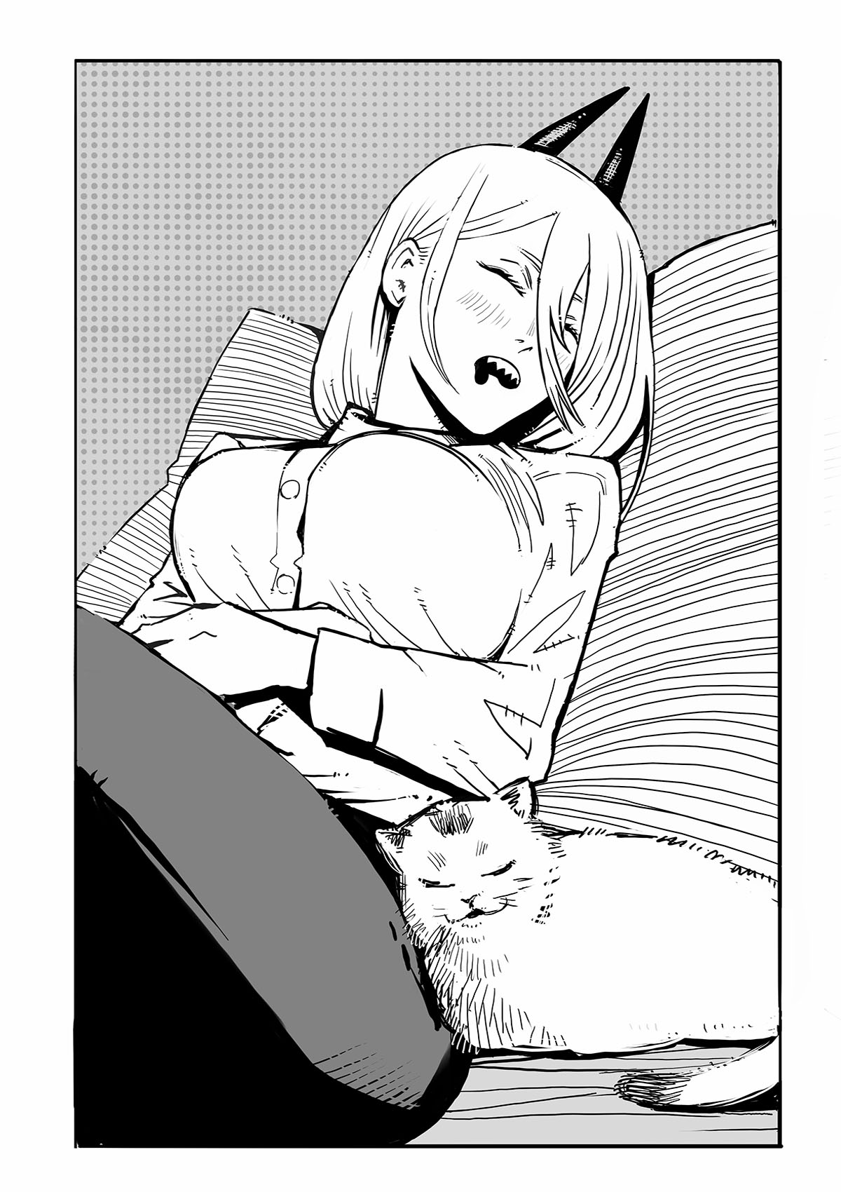 tomatoketchup96, meowy (chainsaw man), power (chainsaw man), chainsaw man, highres, 1girl, breasts, cat, closed eyes, collared shirt, demon girl, demon horns, greyscale, hair between eyes, horns, large breasts, long hair between eyes, long sleeves, monochrome, open mouth, shirt, sleeping, solo