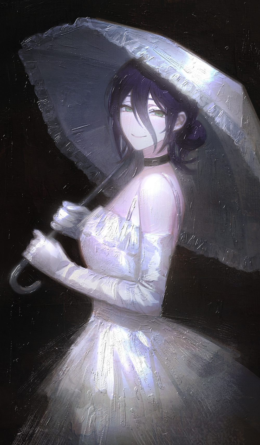 solraka, reze (chainsaw man), chainsaw man, commentary, highres, oil painting (medium), painting (medium), traditional media, 1girl, alternate costume, black choker, black dress, breasts, choker, dress, elbow gloves, gloves, green eyes, hair between eyes, hair bun, holding, holding umbrella, long hair between eyes, looking at viewer, medium breasts, single side bun, sleeveless, sleeveless dress, smile, solo, umbrella, white dress, white gloves, white umbrella