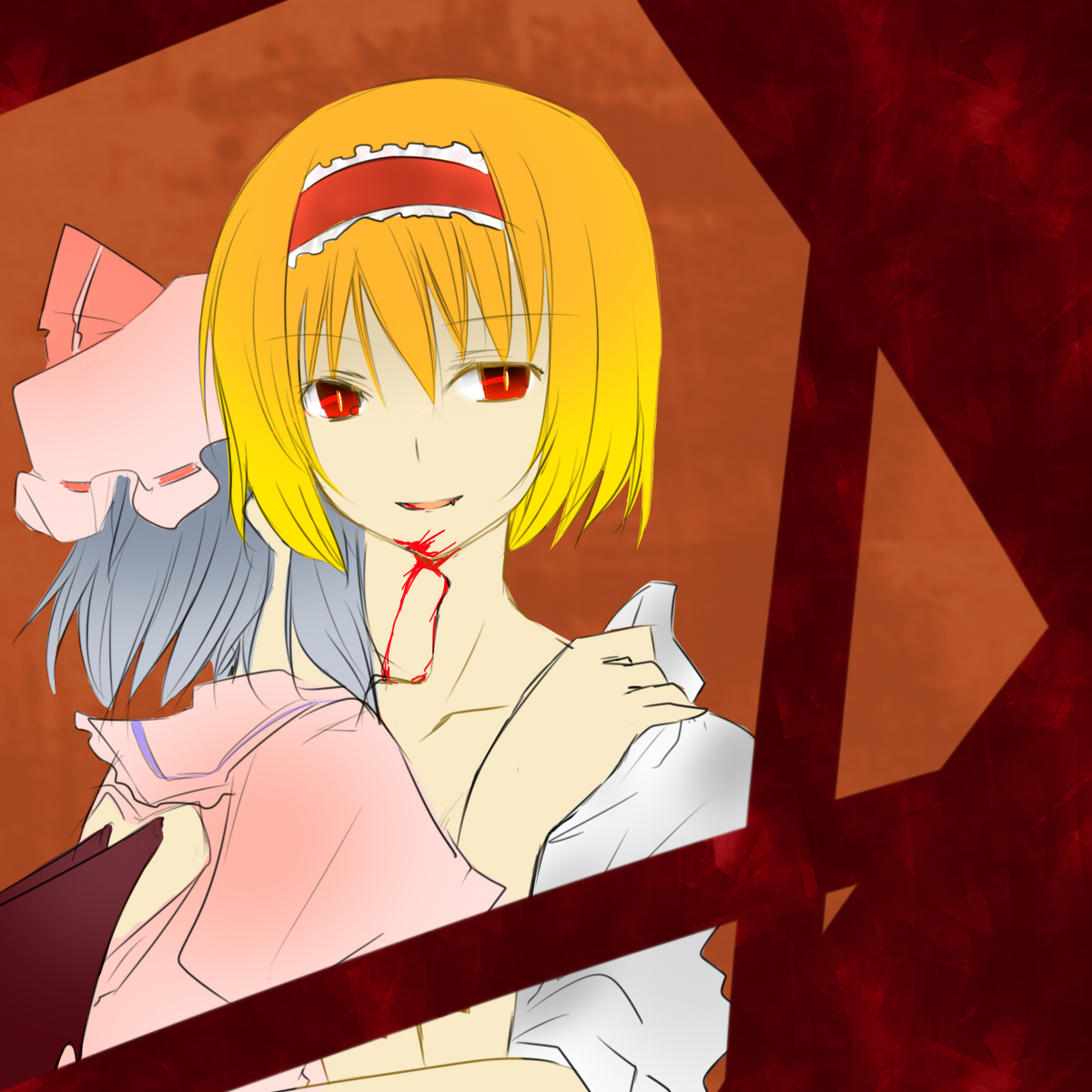 you at pome, alice margatroid, remilia scarlet, touhou, bad id, bad pixiv id, highres, 2girls, biting, blonde hair, blood, blue hair, female focus, hairband, hat, multiple girls, red eyes, short hair, upper body, vampire, wings