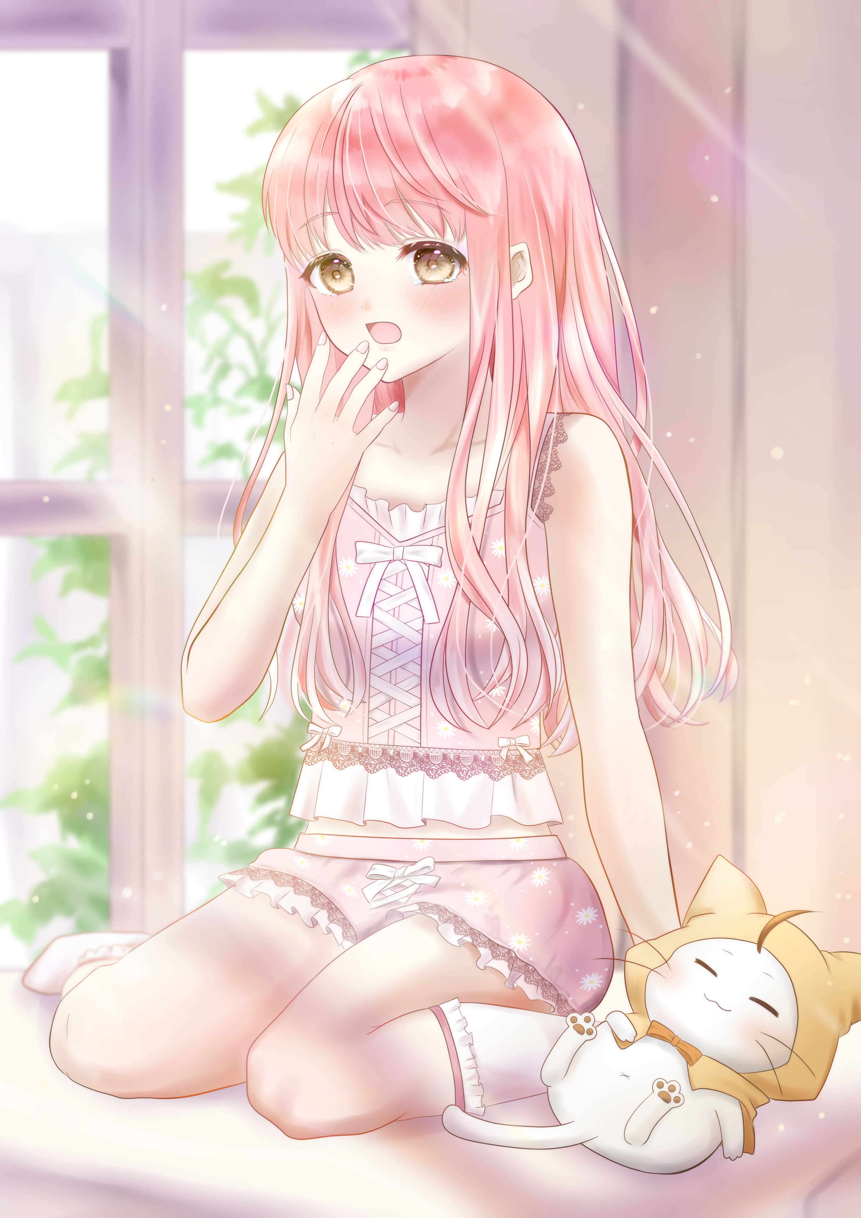 momo (nikki), nikki (nikki), nikki (series), shining nikki, absurdres, commentary request, highres, 1girl, ^ ^, ahoge, animal, bare arms, bare shoulders, bloomers, blunt bangs, blush, bow, bowtie, brown eyes, brown pupils, cat, cloak, closed eyes, closed mouth, clothed animal, collarbone, cross-laced clothes, cross-laced top, dot nose, ear covers, fingernails, frilled bloomers, frilled socks, frilled tank top, frills, full body, hachiji nanakoro, hair half over shoulder, hand on own chin, happy, hood, hood up, hooded cloak, kneehighs, light blush, light particles, light rays, long hair, looking ahead, loose hair strand, lying, midriff, morning, navel, on back, on bed, orange bow, orange bowtie, pawpads, pink bloomers, pink hair, pink tank top, polka dot, polka dot bloomers, sitting, sleepy, socks, sunlight, tank top, tareme, traditional bowtie, tree, underwear, very long hair, wariza, wavy hair, whiskers, white bow, white bowtie, white cat, white socks, window, yawning, yellow cloak