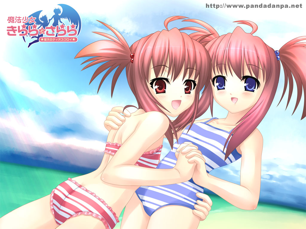 hoshizora kirara, hoshizora sarara, mahou shoujo kirara to sarara, striped, 2girls, bikini, blue eyes, blush, day, happy, holding hands, multiple girls, one-piece swimsuit, red eyes, siblings, swimsuit, twins, twintails