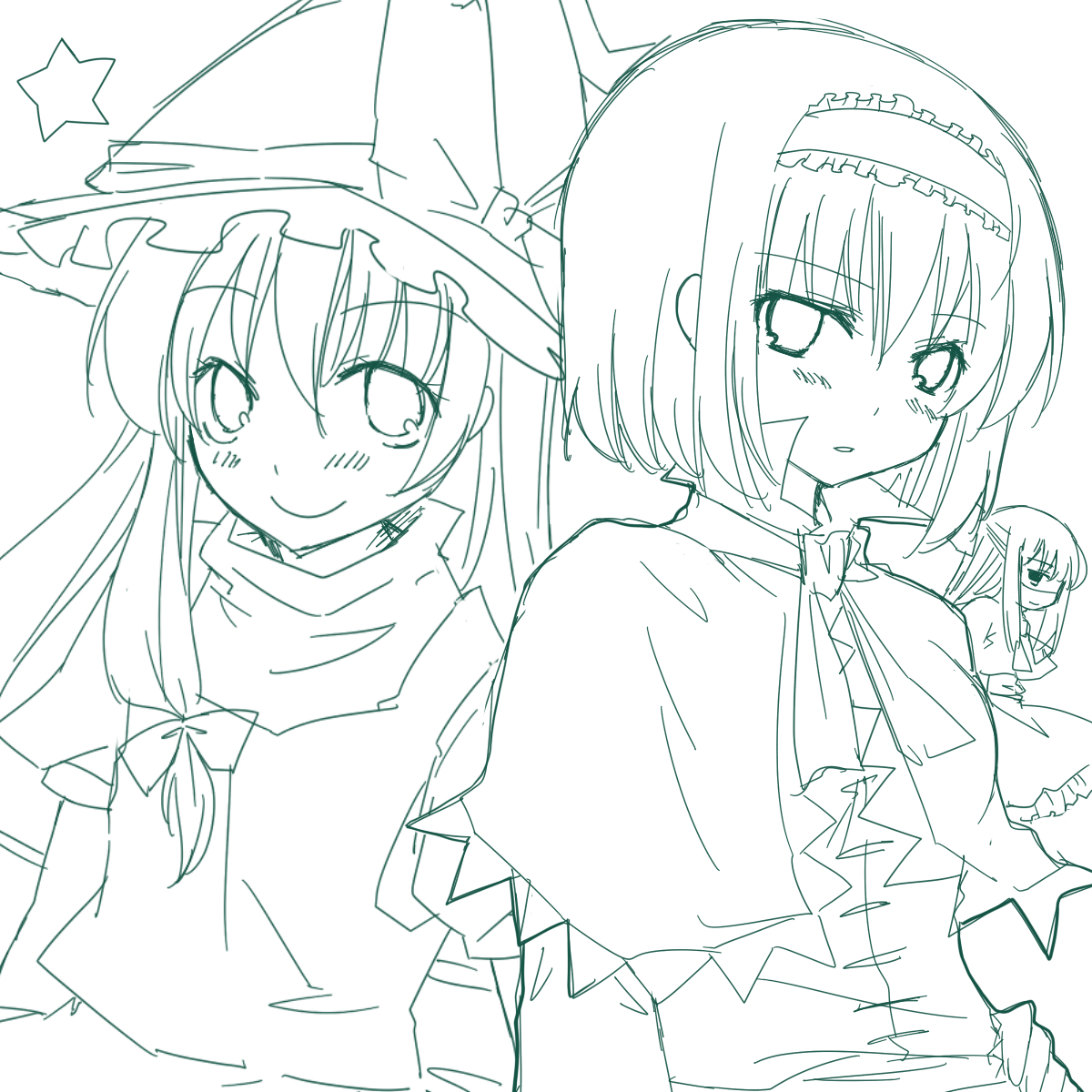 you at pome, alice margatroid, kirisame marisa, shanghai doll, touhou, bad id, bad pixiv id, highres, 2girls, female focus, green theme, hairband, monochrome, multiple girls, short hair